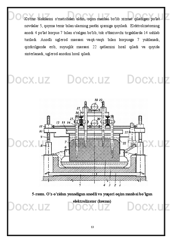 Ko'mir   bloklarini   o'rnatishdan   oldin,   oqim   manbai   bo'lib   xizmat   qiladigan   po'lat
novdalar 5, quyma temir bilan ularning pastki qismiga quyiladi.  Elektrolizatorning
anodi 4 po'lat korpus 7 bilan o'ralgan bo'lib, tok o'tkazuvchi tirgaklarda 14 ushlab
turiladi.   Anodli   uglerod   massasi   vaqti-vaqti   bilan   korpusga   7   yuklanadi,
qizdirilganda   erib,   suyuqlik   massasi   22   qatlamini   hosil   qiladi   va   quyida
sinterlanadi, uglerod anodini hosil qiladi. 
5-rasm. O'z-o'zidan yonadigan anodli va yuqori oqim manbai bo'lgan
elektrolizator (kesma)
13 