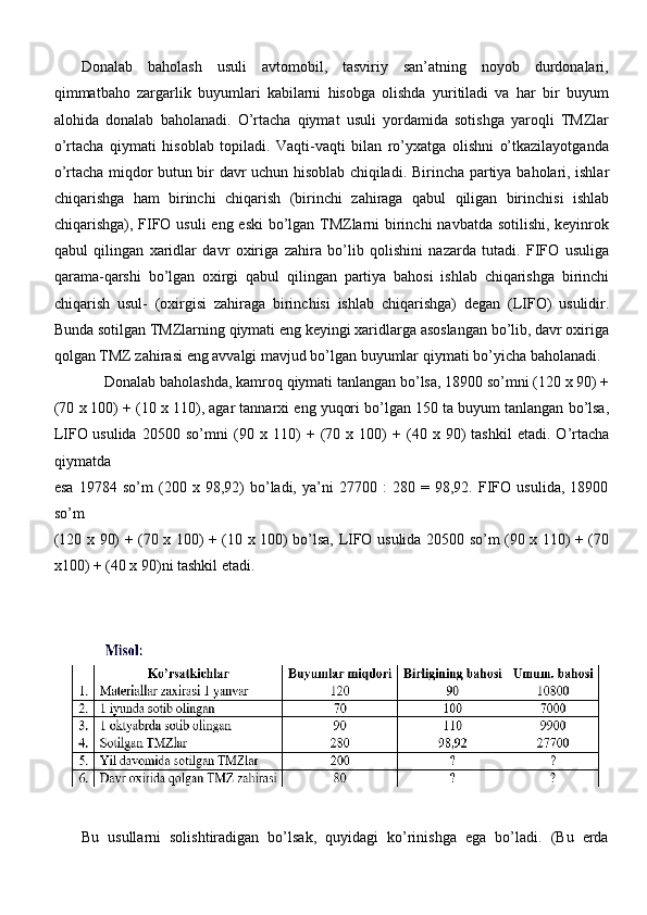 Donalab   baholash   usuli   avtomobil,   tasviriy   san’atning   noyob   durdonalari,
qimmatbaho   zargarlik   buyumlari   kabilarni   hisobga   olishda   yuritiladi   va   har   bir   buyum
alohida   donalab   baholanadi.   O’rtacha   qiymat   usuli   yordamida   sotishga   yaroqli   TMZlar
o’rtacha   qiymati   hisoblab   topiladi.   Vaqti-vaqti   bilan   ro’yxatga   olishni   o’tkazilayotganda
o’rtacha miqdor butun bir davr uchun hisoblab chiqiladi.   Birincha   partiya   baholari ,   ishlar
chiqarishga   ham   birinchi   chiqarish   ( birinchi   zahiraga   qabul   qiligan   birinchisi   ishlab
chiqarishga ),   FIFO   usuli   eng   eski   bo ’ lgan   TMZlarni   birinchi   navbatda   sotilishi ,   keyinrok
qabul   qilingan   xaridlar   davr   oxiriga   zahira   bo ’ lib   qolishini   nazarda   tutadi .   FIFO   usuliga
qarama - qarshi   bo ’ lgan   oxirgi   qabul   qilingan   partiya   bahosi   ishlab   chiqarishga   birinchi
chiqarish   usul -   ( oxirgisi   zahiraga   birinchisi   ishlab   chiqarishga )   degan   ( LIFO )   usulidir .
Bunda   sotilgan   TMZlarning   qiymati   eng   keyingi   xaridlarga   asoslangan   bo ’ lib ,  davr   oxiriga
qolgan   TMZ   zahirasi   eng   avvalgi   mavjud   bo ’ lgan   buyumlar   qiymati   bo ’ yicha   baholanadi .
Donalab   baholashda ,  kamroq   qiymati   tanlangan   bo ’ lsa , 18900  so ’ mni  (120  x  90) +
(70  x  100) + (10  x  110),  agar   tannarxi   eng   yuqori   bo ’ lgan  150  ta   buyum   tanlangan   bo ’ lsa ,
LIFO   usulida   20500   so ’ mni   (90   x   110)   +   (70   x   100)   +   (40   x   90)   tashkil   etadi .   O ’ rtacha
qiymatda
esa   19784   so’m   (200   x   98,92)   bo’ladi,   ya’ni   27700   :   280   =   98,92.   FIFO   usulida,   18900
so’m
(120   x   90)   +   (70   x   100)   +   (10   x   100)   bo’lsa,   LIFO   usulida   20500   so’m   (90   x   110)   +   (70
x100) + (40 x 90)ni tashkil etadi.
Bu   usullarni   solishtiradigan   bo’lsak,   quyidagi   ko’rinishga   ega   bo’ladi.   (Bu   erda 