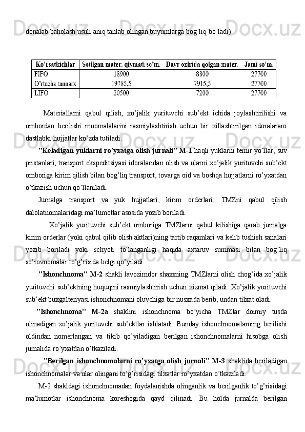donalab baholash usuli aniq tanlab olingan buyumlarga bog’liq   bo’ladi).
Materiallarni   qabul   qilish,   xo’jalik   yurituvchi   sub’ekt   ichida   joylashtirilishi   va
ombordan   berilishi   muomalalarini   rasmiylashtirish   uchun   bir   xillashtirilgan   idoralararo
dastlabki hujjatlar ko’zda tutiladi.
"Keladigan yuklarni ro’yxatga olish jurnali" M-1  haqli yuklarni temir yo’llar, suv
pristanlari, transport ekspeditsiyasi idoralaridan olish va ularni xo’jalik yurituvchi sub’ekt
omboriga kirim qilish bilan bog’liq transport, tovarga oid va boshqa hujjatlarni ro’yxatdan
o’tkazish uchun qo’llaniladi.
Jurnalga   transport   va   yuk   hujjatlari,   kirim   orderlari,   TMZni   qabul   qilish
dalolatnomalaridagi ma’lumotlar asosida yozib boriladi.
Xo’jalik   yurituvchi   sub’ekt   omboriga   TMZlarni   qabul   kilishiga   qarab   jurnalga
kirim orderlar (yoki qabul qilib olish aktlari)ning tartib raqamlari va kelib tushish sanalari
yozib   boriladi   yoki   schyoti   to’langanligi   haqida   axtaruv   summasi   bilan   bog’liq
so’rovnomalar to’g’risida belgi qo’yiladi.
"Ishonchnoma" M-2   shakli lavozimdor shaxsning TMZlarni olish chog’ida xo’jalik
yurituvchi sub’ektning huquqini rasmiylashtirish uchun xizmat qiladi. Xo’jalik yurituvchi
sub’ekt buxgalteriyasi ishonchnomani oluvchiga bir nusxada berib, undan tilxat oladi.
"Ishonchnoma"   M-2a   shaklini   ishonchnoma   bo’yicha   TMZlar   doimiy   tusda
olinadigan   xo’jalik   yurituvchi   sub’ektlar   ishlatadi.   Bunday   ishonchnomalarning   berilishi
oldindan   nomerlangan   va   tikib   qo’yiladigan   berilgan   ishonchnomalarni   hisobga   olish
jurnalida ro’yxatdan o’tkaziladi.
"Berilgan   ishonchnomalarni   ro’yxatga   olish   jurnali"   M-3   shaklida   beriladigan
ishonchnomalar va ular olingani to’g’risidagi tilxatlar ro’yxatdan o’tkaziladi.
M-2 shakldagi  ishonchnomadan foydalanishda  olinganlik va berilganlik to’g’risidagi
ma’lumotlar   ishonchnoma   koreshogida   qayd   qilinadi.   Bu   holda   jurnalda   berilgan 