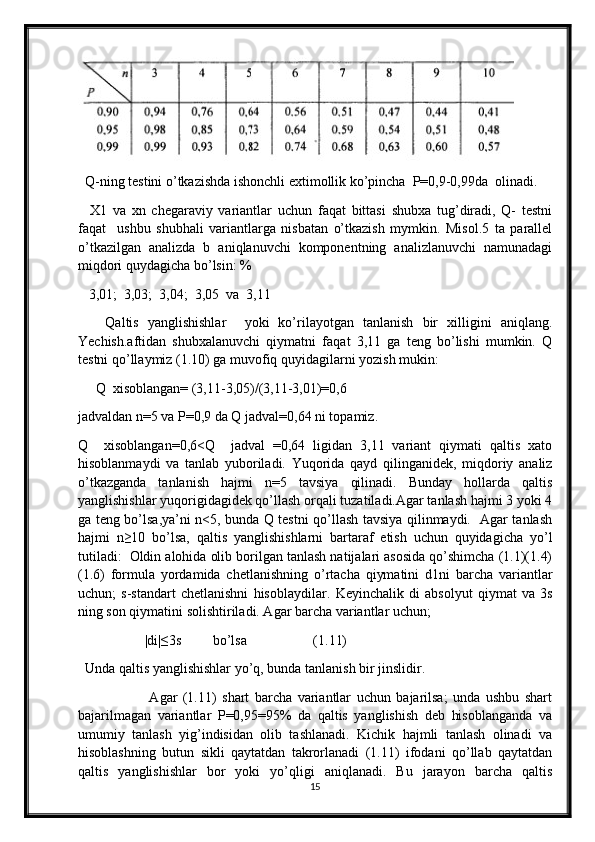 Q-ning testini o’tkazishda ishonchli extimollik ko’pincha  P=0,9-0,99da  olinadi.
    X1   va   xn   chegaraviy   variantlar   uchun   faqat   bittasi   shubxa   tug’diradi,   Q-   testni
faqat     ushbu   shubhali   variantlarga   nisbatan   o’tkazish   mymkin.   Misol.5   ta   parallel
o’tkazilgan   analizda   b   aniqlanuvchi   komponentning   analizlanuvchi   namunadagi
miqdori quydagicha bo’lsin: % 
   3,01;  3,03;  3,04;  3,05  va  3,11  
      Qaltis   yanglishishlar     yoki   ko’rilayotgan   tanlanish   bir   xilligini   aniqlang.
Yechish.aftidan   shubxalanuvchi   qiymatni   faqat   3,11   ga   teng   bo’lishi   mumkin.   Q
testni qo’llaymiz (1.10) ga muvofiq quyidagilarni yozish mukin: 
     Q  xisoblangan= (3,11-3,05)/(3,11-3,01)=0,6
jadvaldan n=5 va P=0,9 da Q jadval=0,64 ni topamiz.
Q     xisoblangan=0,6<Q     jadval   =0,64   ligidan   3,11   variant   qiymati   qaltis   xato
hisoblanmaydi   va   tanlab   yuboriladi.   Yuqorida   qayd   qilinganidek,   miqdoriy   analiz
o’tkazganda   tanlanish   hajmi   n=5   tavsiya   qilinadi.   Bunday   hollarda   qaltis
yanglishishlar yuqorigidagidek qo’llash orqali tuzatiladi.Agar tanlash hajmi 3 yoki 4
ga teng bo’lsa,ya’ni n<5, bunda Q testni qo’llash tavsiya qilinmaydi.   Agar tanlash
hajmi   n≥10   bo’lsa,   qaltis   yanglishishlarni   bartaraf   etish   uchun   quyidagicha   yo’l
tutiladi:  Oldin alohida olib borilgan tanlash natijalari asosida qo’shimcha (1.1)(1.4)
(1.6)   formula   yordamida   chetlanishning   o’rtacha   qiymatini   d1ni   barcha   variantlar
uchun;   s-standart   chetlanishni   hisoblaydilar.   Keyinchalik   di   absolyut   qiymat   va   3s
ning son qiymatini solishtiriladi. Agar barcha variantlar uchun;
                   |di|≤3s         bo’lsa                   (1.11)        
  Unda qaltis yanglishishlar yo’q, bunda tanlanish bir jinslidir.
                          Agar   (1.11)   shart   barcha   variantlar   uchun   bajarilsa;   unda   ushbu   shart
bajarilmagan   variantlar   P=0,95=95%   da   qaltis   yanglishish   deb   hisoblanganda   va
umumiy   tanlash   yig’indisidan   olib   tashlanadi.   Kichik   hajmli   tanlash   olinadi   va
hisoblashning   butun   sikli   qaytatdan   takrorlanadi   (1.11)   ifodani   qo’llab   qaytatdan
qaltis   yanglishishlar   bor   yoki   yo’qligi   aniqlanadi.   Bu   jarayon   barcha   qaltis
15