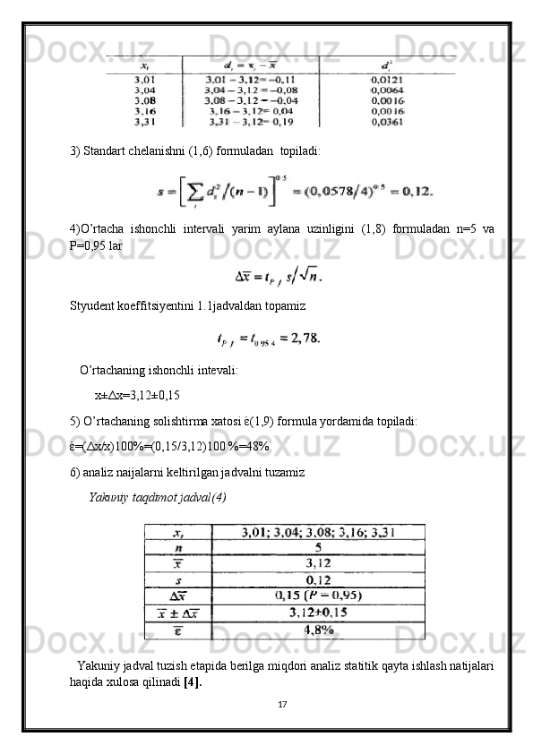 3) Standart chelanishni (1,6) formuladan    topiladi:
4)O’rtacha   ishonchli   intervali   yarim   aylana   uzinligini   (1,8)   formuladan   n=5   va
P=0,95 lar
Styudent koeffitsiyentini 1.1jadvaldan topamiz
   O’rtachaning ishonchli intevali:
        x± Δ x=3,12±0,15
5) O’rtachaning solishtirma xatosi  έ (1,9) formula yordamida topiladi:
έ =( Δ x/x)100%=(0,15/3,12)100 %=48%
6) analiz naijalarni keltirilgan jadvalni tuzamiz
       Yakuniy  taqdimot  jadval (4)
   Yakuniy   jadval  tuzish etapida berilga miqdori analiz statitik qayta ishlash natijalari
haqida xulosa qilinadi  [4].
17 