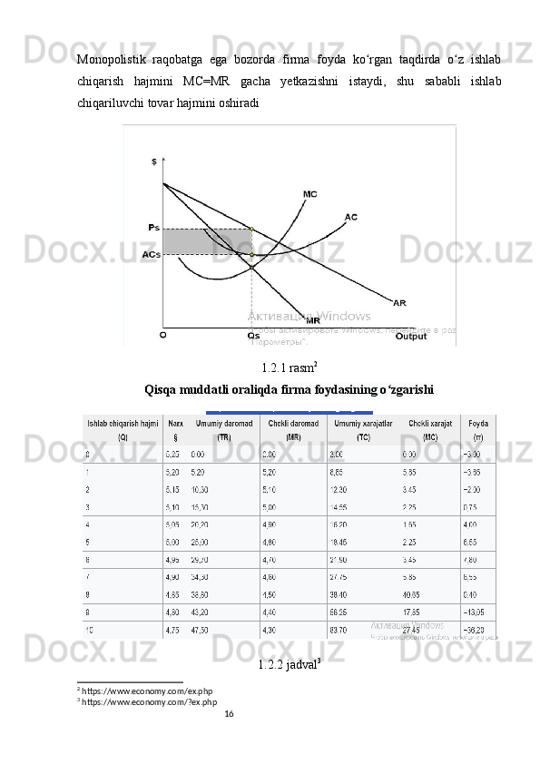 16Monopolistik   raqobatga   ega   bozorda   firma   foyda   ko rgan   taqdirda   o z   ishlabʻ ʻ
chiqarish   hajmini   MC=MR   gacha   yetkazishni   istaydi,   shu   sababli   ishlab
chiqariluvchi tovar hajmini oshiradi
1.2.1 rasm 2
Qisqa muddatli oraliqda firma foydasining o zgarishi	
ʻ
1.2.2  jadval 3
2
 https://www.economy.com/ex.php
3
 https://www.economy.com/?ex.php 