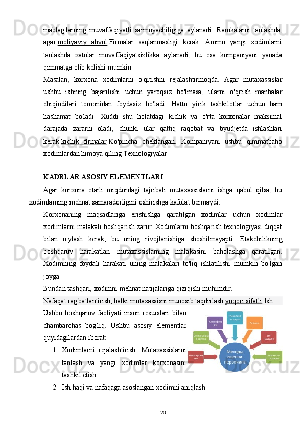 mablag'larning   muvaffaqiyatli   sarmoyachiligiga   aylanadi.   Ramkalarni   tanlashda,
agar   moliyaviy   ahvol   Firmalar   saqlanmasligi   kerak.   Ammo   yangi   xodimlarni
tanlashda   xatolar   muvaffaqiyatsizlikka   aylanadi,   bu   esa   kompaniyani   yanada
qimmatga olib kelishi mumkin.
Masalan,   korxona   xodimlarni   o'qitishni   rejalashtirmoqda.   Agar   mutaxassislar
ushbu   ishning   bajarilishi   uchun   yaroqsiz   bo'lmasa,   ularni   o'qitish   manbalar
chiqindilari   tomonidan   foydasiz   bo'ladi.   Hatto   yirik   tashkilotlar   uchun   ham
hashamat   bo'ladi.   Xuddi   shu   holatdagi   kichik   va   o'rta   korxonalar   maksimal
darajada   zararni   oladi,   chunki   ular   qattiq   raqobat   va   byudjetda   ishlashlari
kerak   kichik   firmalar   Ko'pincha   cheklangan.   Kompaniyani   ushbu   qimmatbaho
xodimlardan himoya qiling Texnologiyalar.
KADRLAR ASOSIY ELEMENTLARI
Agar   korxona   etarli   miqdordagi   tajribali   mutaxassislarni   ishga   qabul   qilsa,   bu
xodimlarning mehnat samaradorligini oshirishga kafolat bermaydi.
Korxonaning   maqsadlariga   erishishga   qaratilgan   xodimlar   uchun   xodimlar
xodimlarni malakali boshqarish zarur. Xodimlarni boshqarish texnologiyasi diqqat
bilan   o'ylash   kerak,   bu   uning   rivojlanishiga   shoshilmayapti.   Etakchilikning
boshqaruv   harakatlari   mutaxassislarning   malakasini   baholashga   qaratilgan.
Xodimning   foydali   harakati   uning   malakalari   to'liq   ishlatilishi   mumkin   bo'lgan
joyga.
Bundan tashqari, xodimni mehnat natijalariga qiziqishi muhimdir.
Nafaqat rag'batlantirish, balki mutaxassisni munosib taqdirlash   yuqori sifatli   Ish.
Ushbu   boshqaruv   faoliyati   inson   resurslari   bilan
chambarchas   bog'liq.   Ushbu   asosiy   elementlar
quyidagilardan iborat:
1. Xodimlarni   rejalashtirish.   Mutaxassislarni
tanlash   va   yangi   xodimlar   korxonasini
tashkil etish.
2. Ish haqi va nafaqaga asoslangan xodimni aniqlash.
20 