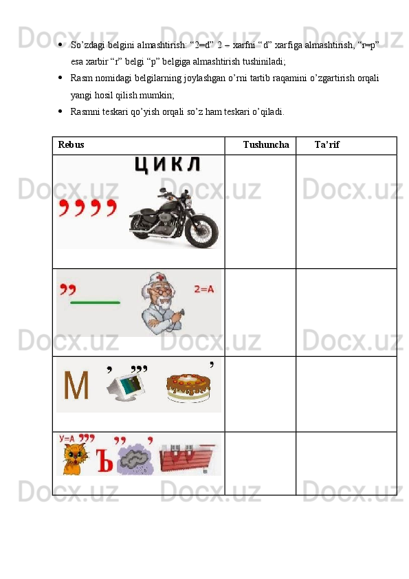  So’zdagi belgini almashtirish: “2=d” 2 – xarfni “d” xarfiga almashtirish, “r=p”
esa xarbir “r” belgi “p” belgiga almashtirish tushiniladi;
 Rasm nomidagi belgilarning joylashgan o’rni tartib raqamini o’zgartirish orqali
yangi hosil qilish mumkin;
 Rasmni teskari qo’yish orqali so’z ham teskari o’qiladi.
Rebus Tushun c ha T a ’ r if 