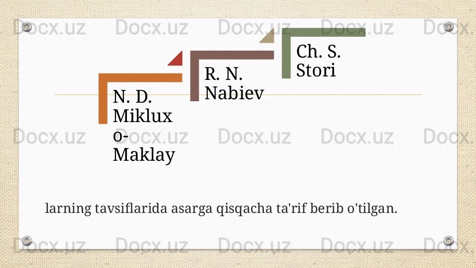 larning tavsiflarida asarga qisqacha ta'rif berib o'tilgan. N. D. 
Miklux
o-
Maklay R. N. 
Nabiev Ch. S. 
Stori 