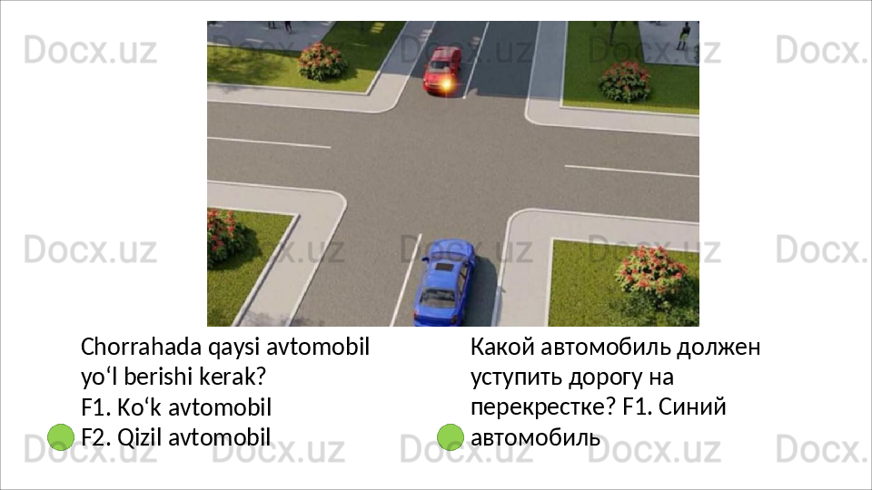 Chorrahada   qaysi   avtomobil  
yo‘l berishi kerak?
F1.   Ko‘k   avtomobil 
F2.   Qizil   avtomobil Какой автомобиль должен 
уступить   дорогу   на  
перекрестке? F1. Синий 
автомобиль 