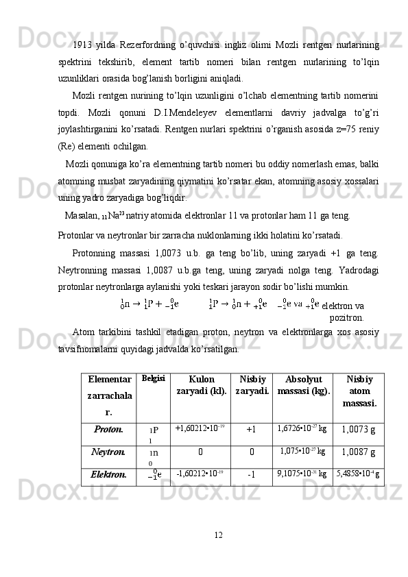 1913   yilda   Rezerfordning   o’quvchisi   ingliz   olimi   Mozli   rentgen   nurlarining
spektrini   tekshirib,   element   tartib   nomeri   bilan   rentgen   nurlarining   to’lqin
uzunliklari orasida bog’lanish borligini aniqladi. 
Mozli  rentgen nurining to’lqin uzunligini o’lchab elementning tartib nomerini
topdi.   Mozli   qonuni   D.I.Mendeleyev   elementlarni   davriy   jadvalga   to’g’ri
joylashtirganini ko’rsatadi. Rentgen nurlari spektrini o’rganish asosida z=75 reniy
(Re) elementi ochilgan. 
   Mozli qonuniga ko’ra elementning tartib nomeri bu oddiy nomerlash emas, balki
atomning musbat zaryadining qiymatini ko’rsatar ekan, atomning asosiy xossalari
uning yadro zaryadiga bog’liqdir. 
   Masalan, 
11 Na 23 
natriy atomida elektronlar 11 va protonlar ham 11 ga teng. 
Protonlar va neytronlar bir zarracha nuklonlarning ikki holatini ko’rsatadi. 
      Protonning   massasi   1,0073   u.b.   ga   teng   bo’lib,   uning   zaryadi   +1   ga   teng.
Neytronning   massasi   1,0087   u.b.ga   teng,   uning   zaryadi   nolga   teng.   Yadrodagi
protonlar neytronlarga aylanishi yoki teskari jarayon sodir bo’lishi mumkin. 
                         elektron va
pozitron. 
Atom   tarkibini   tashkil   etadigan   proton,   neytron   va   elektronlarga   xos   asosiy
tavsifnomalarni quyidagi jadvalda ko’rsatilgan. 
 
Elementar
zarrachala
r.  Belgisi  
Kulon
zaryadi (kl).  Nisbiy
zaryadi.  Absolyut
massasi (kg).  Nisbiy
atom
massasi. 
Proton. 
1 P  
1 +1,60212•10 -19
 
+1  1,6726•10 -27 
kg  
1,0073 g 
Neytron. 
1 n  
0 0  0  1,075•10 -27 
kg  
1,0087 g 
Elektron. 
  -1,60212•10 -19
 
-1  9,1075•10 -31 
kg   5,4858•10 -4 
g  
 
12  
  