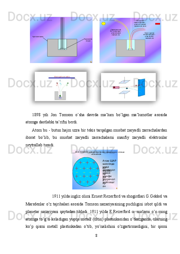 1898   yili   Jon   Tomson   o’sha   davrda   ma’lum   bo’lgan   ma’lumotlar   asosida
atomga dastlabki ta’rifni berdi. 
Atom bu - butun hajm uzra bir tekis tarqalgan musbat zaryadli zarrachalardan
iborat   bo’lib,   bu   musbat   zaryadli   zarrachalarni   manfiy   zaryadli   elektronlar
neytrallab turadi. 
1911 yilda ingliz olimi Ernest Rezerford va shogirdlari G.Gekkel va 
Marsdenlar o’z tajribalari asosida Tomson nazariyasining puchligini isbot qildi va
planetar nazariyani qaytadan tikladi. 1911 yilda E.Rezerford   α - nurlarni o’n ming
atomga to’g’ri keladigan yupqa metall (oltin) plastinkasidan o’tkazganda, ularning
ko’p   qismi   metall   plastinkadan   o’tib,   yo’nalishini   o’zgartirmasligini,   bir   qismi
8  
  Кургошин идиш
Радиоактив
модда
         Кизил нурлар 
альфа нурлари  –
улар мусбат 
зарядга эгаСарик ранглар 
бетта нурлари  –
улар манфий 
зарядга эга. Ок нурлар 
гамма нурлари  –
улар хеч кандай 
зарядга эга эмас
 
   
Ж.Ж. ТОМСОН назариясига биноан зарядларнинг атомда 
жойланиши
Атом ШАР 
шаклида 
ва унда 
мусбат заррачал
ар  ораси
да манфи
й заррачал
ар жойлашг
ан
  