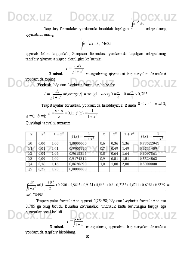 30                      Taqribiy   formulalar   yordamida   hisoblab   topilgan     integralning
qiymatini, uning 
qiymati   bilan   taqqoslab,   Simpson   formulasi   yordamida   topilgan   integralning
taqribiy qiymati aniqroq ekanligini ko‘ramiz.
                      2-misol.     integralning   qiymatini   trapetsiyalar   formulasi
yordamida toping.
            Yechish.  Nyuton-Leybnits formulasi bo‘yicha 
                     Trapetsiyalar formulasi  yordamida hisoblaymiz. Bunda    
     
Quyidagi jadvalni tuzamiz:
         Trapetsiyalar formulasida qiymat 0,78498; Nyuton-Leybnits formulasida esa
0,785   ga   teng   bo‘ldi.   Bundan   ko‘rinadiki,   unchalik   katta   bo‘lmagan   farqqa   ega
qiymatlar hosil bo‘ldi.
                      3-misol.     integralning   qiymatini   trapetsiyalar   formulasi
yordamida taqribiy hisoblang. 