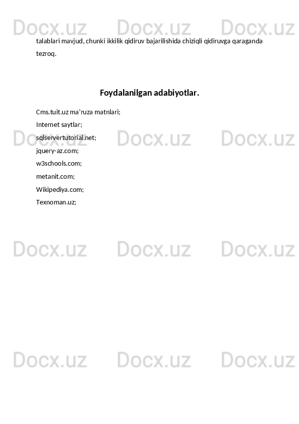 talablari mavjud, chunki ikkilik qidiruv bajarilishida chiziqli qidiruvga qaraganda
tezroq.
Foydalanilgan adabiyotlar.
Cms.tuit.uz ma’ruza matnlari;
Internet saytlar;
sqlservertutorial.net;
jquery-az.com;
w3schools.com;
metanit.com;
Wikipediya.com;
Texnoman.uz; 