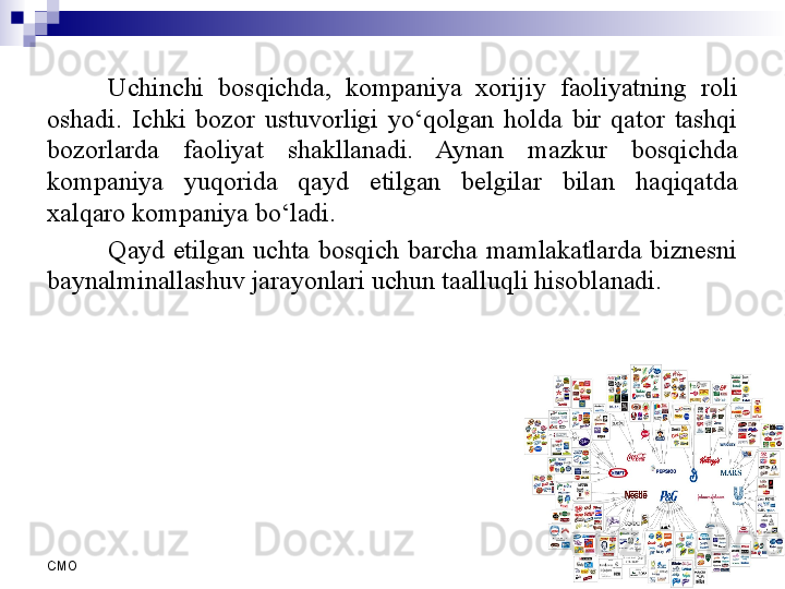 12
СMO Uchinchi  bosqichda,  kompaniya  xorijiy  faoliyatning  roli 
oshadi.  Ichki  bozor  ustuvorligi  yo‘qolgan  holda  bir  qator  tashqi 
bozorlarda  faoliyat  shakllanadi.  Aynan  mazkur  bosqichda 
kompaniya  yuqorida  qayd  etilgan  belgilar  bilan  haqiqatda 
xalqaro kompaniya bo‘ladi. 
Qayd  etilgan  uchta  bosqich  barcha  mamlakatlarda  biznesni 
baynalminallashuv jarayonlari uchun taalluqli hisoblanadi.
  