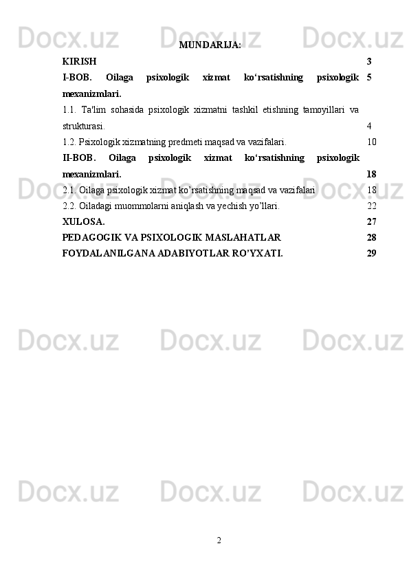 MUNDARIJA:
KIRISH 3
I-BOB.   Oilaga   psixologik   xizmat   ko‘rsatishning   psixologik
mexanizmlari.   5
1.1.   Ta'lim   sohasida   psixologik   xizmatni   tashkil   etishning   tamoyillari   va
strukturasi.  4
1.2. Psixologik xizmatning predmeti maqsad va vazifalari.  10
II-BOB.   Oilaga   psixologik   xizmat   ko‘rsatishning   psixologik
mexanizmlari.   18
2.1. Oilaga psixologik xizmat ko’rsatishning maqsad va vazifalari  18
2.2. Oiladagi muommolarni aniqlash va yechish yo’llari.  22
XULOSA. 27
PEDAGOGIK VA PSIXOLOGIK MASLAHATLAR 28
FOYDALANILGANA ADABIYOTLAR RO’YXATI. 29
2 