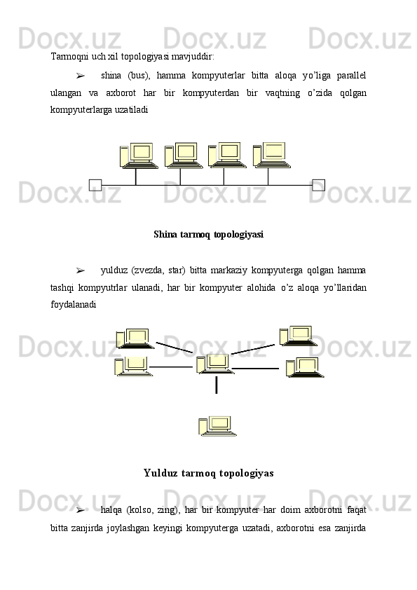 Tarmoqni uch xil topologiyasi mavjuddir:
➢ shina   (bus),   hamma   kompyuterlar   bitta   aloqa   y о ’liga   parallel
ulangan   va   axborot   har   bir   kompyuterdan   bir   vaqtning   о ’zida   qolgan
kompyuterlarga uzatiladi 
Shina tarmoq topologiyasi  
➢ yulduz   (zvezda,   star)   bitta   markaziy   kompyuterga   qolgan   hamma
tashqi   kompyutrlar   ulanadi,   har   bir   kompyuter   alohida   о ’z   aloqa   y о ’llaridan
foydalanadi 
Yulduz tarmoq topologiyas
➢ halqa   (kolso,   zing),   har   bir   kompyuter   har   doim   axborotni   faqat
bitta   zanjirda   joylashgan   keyingi   kompyuterga   uzatadi,   axborotni   esa   zanjirda 