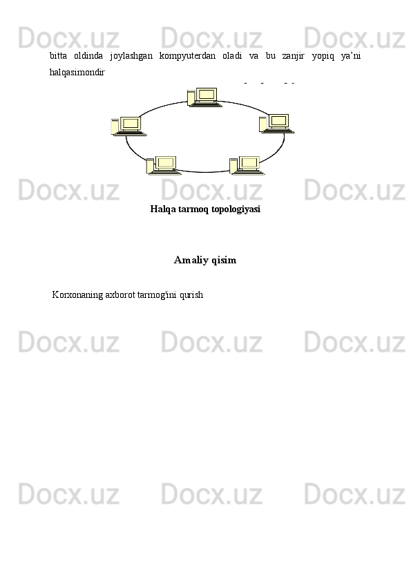 bitta   oldinda   joylashgan   kompyuterdan   oladi   va   bu   zanjir   yopiq   ya’ni
halqasimondir
Halqa tarmoq topologiyasi 
Amaliy qisim 
  Korxonaning axborot tarmog'ini qurish  