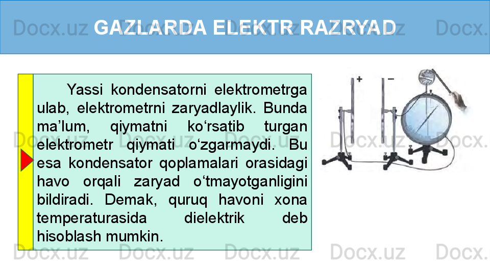 GAZLARDA ELEKTR RAZRYAD
        Yassi  kondensatorni  elektrometrga 
ulab,  elektrometrni  zaryadlaylik.  Bunda 
ma’lum,  qiymatni  ko‘rsatib  turgan 
elektrometr  qiymati  o‘zgarmaydi.  Bu 
esa  kondensator  qoplamalari  orasidagi 
havo  orqali  zaryad  o‘tmayotganligini 
bildiradi.  Demak ,   quruq  havoni  xona 
temperaturasida  dielektrik  deb 
hisoblash mumkin. 