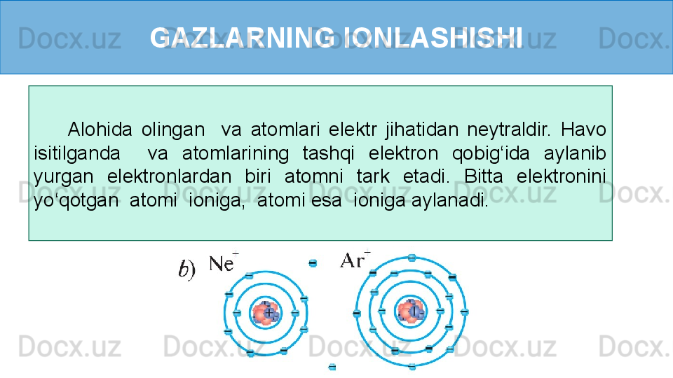 GAZLARNING IONLASHISHI
        Alohida  olingan    va  atomlari  elektr  jihatidan  neytraldir.  Havo 
isitilganda    va  atomlarining  tashqi  elektron  qobig‘ida  aylanib 
yurgan  elektronlardan  biri  atomni  tark  etadi.  Bitta  elektronini 
yo‘qotgan  atomi  ioniga,  atomi esa  ioniga aylanadi. 