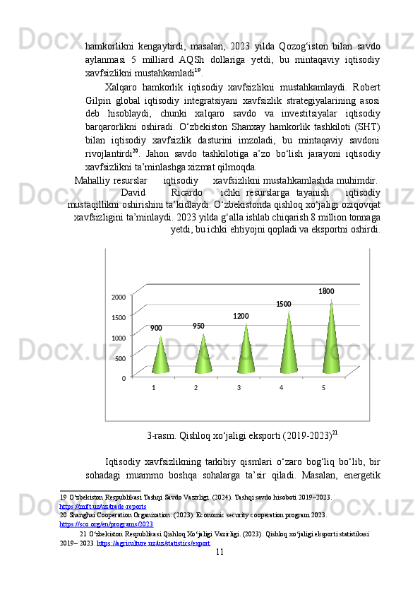 hamkorlikni   kengaytirdi,   masalan,   2023   yilda   Qozog‘iston   bilan   savdo
aylanmasi   5   milliard   AQSh   dollariga   yetdi,   bu   mintaqaviy   iqtisodiy
xavfsizlikni mustahkamladi 19
. 
Xalqaro   hamkorlik   iqtisodiy   xavfsizlikni   mustahkamlaydi.   Robert
Gilpin   global   iqtisodiy   integratsiyani   xavfsizlik   strategiyalarining   asosi
deb   hisoblaydi,   chunki   xalqaro   savdo   va   investitsiyalar   iqtisodiy
barqarorlikni   oshiradi.   O‘zbekiston   Shanxay   hamkorlik   tashkiloti   (SHT)
bilan   iqtisodiy   xavfsizlik   dasturini   imzoladi,   bu   mintaqaviy   savdoni
rivojlantirdi 20
.   Jahon   savdo   tashkilotiga   a’zo   bo‘lish   jarayoni   iqtisodiy
xavfsizlikni ta’minlashga xizmat qilmoqda. 
Mahalliy  resurslar  iqtisodiy  xavfsizlikni  mustahkamlashda muhimdir. 
David  Ricardo  ichki  resurslarga  tayanish  iqtisodiy
mustaqillikni oshirishini ta’kidlaydi. O‘zbekistonda qishloq xo‘jaligi oziqovqat
xavfsizligini ta’minlaydi. 2023 yilda g‘alla ishlab chiqarish 8 million tonnaga
yetdi, bu ichki ehtiyojni qopladi va eksportni oshirdi. 
 
3-rasm. Qishloq xo‘jaligi eksporti (2019-2023) 21
 
 
Iqtisodiy   xavfsizlikning   tarkibiy   qismlari   o‘zaro   bog‘liq   bo‘lib,   bir
sohadagi   muammo   boshqa   sohalarga   ta’sir   qiladi.   Masalan,   energetik
19  O‘zbekiston Respublikasi Tashqi Savdo Vazirligi. (2024). Tashqi savdo hisoboti 2019–2023. 
https://mift.uz/uz/trade    -   reports       
20  Shanghai Cooperation Organization. (2023). Economic security cooperation program 2023. 
https://sco.org/en/programs/2023    
21  O‘zbekiston Respublikasi Qishloq Xo‘jaligi Vazirligi. (2023). Qishloq xo‘jaligi eksporti statistikasi 
2019– 2023.  https://agriculture.uz/uz/statistics/export    
11  
   0500100015002000
1 2 3 4 5900   950   1200   1500   1800   