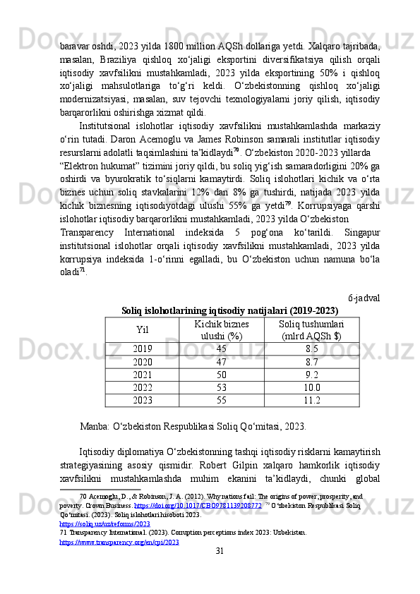 baravar oshdi, 2023 yilda 1800 million AQSh dollariga yetdi. Xalqaro tajribada,
masalan,   Braziliya   qishloq   xo‘jaligi   eksportini   diversifikatsiya   qilish   orqali
iqtisodiy   xavfsilikni   mustahkamladi,   2023   yilda   eksportining   50%   i   qishloq
xo‘jaligi   mahsulotlariga   to‘g‘ri   keldi.   O‘zbekistonning   qishloq   xo‘jaligi
modernizatsiyasi,   masalan,   suv   tejovchi   texnologiyalarni   joriy   qilish,   iqtisodiy
barqarorlikni oshirishga xizmat qildi. 
Institutsional   islohotlar   iqtisodiy   xavfsilikni   mustahkamlashda   markaziy
o‘rin   tutadi.   Daron   Acemoglu   va   James   Robinson   samarali   institutlar   iqtisodiy
resurslarni adolatli taqsimlashini ta’kidlaydi 70
. O‘zbekiston 2020-2023 yillarda 
“Elektron hukumat” tizimini joriy qildi, bu soliq yig‘ish samaradorligini 20% ga
oshirdi   va   byurokratik   to‘siqlarni   kamaytirdi.   Soliq   islohotlari   kichik   va   o‘rta
biznes   uchun   soliq   stavkalarini   12%   dan   8%   ga   tushirdi,   natijada   2023   yilda
kichik   biznesning   iqtisodiyotdagi   ulushi   55%   ga   yetdi 79
.   Korrupsiyaga   qarshi
islohotlar iqtisodiy barqarorlikni mustahkamladi, 2023 yilda O‘zbekiston 
Transparency   International   indeksida   5   pog‘ona   ko‘tarildi.   Singapur
institutsional   islohotlar   orqali   iqtisodiy   xavfsilikni   mustahkamladi,   2023   yilda
korrupsiya   indeksida   1-o‘rinni   egalladi,   bu   O‘zbekiston   uchun   namuna   bo‘la
oladi 71
. 
 
6-jadval
Soliq islohotlarining iqtisodiy natijalari (2019-2023) 
Yil  Kichik biznes
ulushi (%)  Soliq tushumlari
(mlrd AQSh $) 
2019  45  8.5 
2020  47  8.7 
2021  50  9.2 
2022  53  10.0 
2023  55  11.2 
 
Manba: O‘zbekiston Respublikasi Soliq Qo‘mitasi, 2023. 
 
Iqtisodiy diplomatiya O‘zbekistonning tashqi iqtisodiy risklarni kamaytirish
strategiyasining   asosiy   qismidir.   Robert   Gilpin   xalqaro   hamkorlik   iqtisodiy
xavfsilikni   mustahkamlashda   muhim   ekanini   ta’kidlaydi,   chunki   global
70  Acemoglu, D., & Robinson, J. A. (2012). Why nations fail: The origins of power, prosperity, and 
poverty. Crown Business.  https://doi.org/10.1017/CBO9781139208772     79
 O‘zbekiston Respublikasi Soliq 
Qo‘mitasi. (2023). Soliq islohotlari hisoboti 2023. 
https://soliq.uz/uz/reforms/2023    
71  Transparency International. (2023). Corruption perceptions index 2023: Uzbekistan. 
https://www.transparency.org/en/cpi/2023    
31  
  
