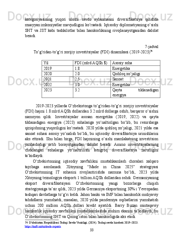 kategoriyasining   yuqori   ulushi   savdo   aylanmasini   diversifikatsiya   qilishda
muayyan imkoniyatlar mavjudligini ko‘rsatadi. Iqtisodiy diplomatiyaning o‘sishi
SHT   va   JST   kabi   tashkilotlar   bilan   hamkorlikning   rivojlanayotganidan   dalolat
beradi. 
 
7-jadval 
To‘g‘ridan-to‘g‘ri xorijiy investitsiyalar (FDI) dinamikasi (2019-2023) 74
  
 
Yil  FDI (mlrd AQSh $)  Asosiy soha 
2019  1.8  Energetika 
2020  2.0  Qishloq xo‘jaligi 
2021  2.5  Sanoat 
2022  3.0  Energetika 
2023  3.2  Qayta  tiklanadigan 
energiya 
 
   2019-2023 yillarda O‘zbekistonga to‘g‘ridan-to‘g‘ri xorijiy investitsiyalar
(FDI) hajmi 1.8 mlrd AQSh dollaridan 3.2 mlrd dollarga oshib, barqaror o‘sishni
namoyon   qildi.   Investitsiyalar   asosan   energetika   (2019,   2022)   va   qayta
tiklanadigan   energiya   (2023)   sohalariga   yo‘naltirilgan   bo‘lib,   bu   resurslarga
qiziqishning yuqoriligini ko‘rsatadi. 2020 yilda qishloq xo‘jaligi, 2021 yilda esa
sanoat   sohasi   asosiy   yo‘nalish   bo‘ldi,   bu   iqtisodiy   diversifikatsiya   urinishlarini
aks   ettiradi.   Shu   bilan   birga,   FDI   hajmining   o‘sishi   mamlakatning   investitsion
jozibadorligi   ortib   borayotganidan   dalolat   beradi.   Ammo   investitsiyalarning
cheklangan   sohalarga   yo‘naltirilishi   kengroq   diversifikatsiya   zarurligini
ta’kidlaydi. 
O‘zbekistonning   iqtisodiy   xavfsilikni   mustahkamlash   choralari   xalqaro
tajribaga   asoslanadi.   Xitoyning   “Made   in   China   2025”   strategiyasi
O‘zbekistonning   IT   sohasini   rivojlantirishda   namuna   bo‘ldi,   2023   yilda
Xitoyning texnologiya eksporti 1 trillion AQSh dollaridan oshdi. Germaniyaning
eksport   diversifikatsiyasi   O‘zbekistonning   yangi   bozorlarga   chiqish
strategiyasiga ta’sir qildi, 2023 yilda Germaniya eksportining 30% i Yevropadan
tashqari davlatlarga to‘g‘ri keldi. Jahon banki va IMF bilan hamkorlik moliyaviy
tahdidlarni   yumshatdi,   masalan,   2020   yilda   pandemiya   oqibatlarini   yumshatish
uchun   200   million   AQSh   dollari   kredit   ajratildi.   Barry   Buzan   mintaqaviy
hamkorlik iqtisodiy xavfsilikni mustahkamlashda muhim ekanini ta’kidlaydi, bu
O‘zbekistonning SHT va Qozog‘iston bilan hamkorligida aks etadi. 
74  O‘zbekiston Respublikasi Tashqi Savdo Vazirligi. (2024). Tashqi savdo hisoboti 2019–2023. 
https://mift.uz/uz/trade    -   reports       
33  
  