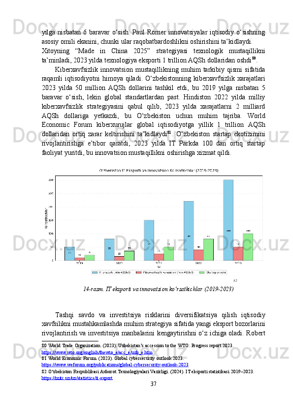 yilga nisbatan 6 baravar  o‘sish.  Paul  Romer  innovatsiyalar  iqtisodiy o‘sishning
asosiy omili ekanini, chunki ular raqobatbardoshlikni oshirishini ta’kidlaydi. 
Xitoyning   “Made   in   China   2025”   strategiyasi   texnologik   mustaqillikni
ta’minladi, 2023 yilda texnologiya eksporti 1 trillion AQSh dollaridan oshdi 80
. 
Kiberxavfsizlik   innovatsion   mustaqillikning   muhim   tarkibiy   qismi   sifatida
raqamli   iqtisodiyotni  himoya  qiladi. O‘zbekistonning  kiberxavfsizlik xarajatlari
2023   yilda   50   million   AQSh   dollarini   tashkil   etdi,   bu   2019   yilga   nisbatan   5
baravar   o‘sish,   lekin   global   standartlardan   past.   Hindiston   2022   yilda   milliy
kiberxavfsizlik   strategiyasini   qabul   qilib,   2023   yilda   xarajatlarni   2   milliard
AQSh   dollariga   yetkazdi,   bu   O‘zbekiston   uchun   muhim   tajriba.   World
Economic   Forum   kiberxurujlar   global   iqtisodiyotga   yillik   1   trillion   AQSh
dollaridan   ortiq   zarar   keltirishini   ta’kidlaydi 81
.   O‘zbekiston   startap   ekotizimini
rivojlantirishga   e’tibor   qaratdi,   2023   yilda   IT   Parkda   100   dan   ortiq   startap
faoliyat yuritdi, bu innovatsion mustaqillikni oshirishga xizmat qildi. 
 
82
   
14-rasm. IT eksporti va innovatsion ko‘rsatkichlar (2019-2023)
 
 
Tashqi   savdo   va   investitsiya   risklarini   diversifikatsiya   qilish   iqtisodiy
xavfsilikni mustahkamlashda muhim strategiya sifatida yangi eksport bozorlarini
rivojlantirish va investitsiya manbalarini kengaytirishni o‘z ichiga oladi. Robert
80  World Trade Organization. (2023). Uzbekistan’s accession to the WTO: Progress report 2023. 
https    ://    www    .   wto    .   org    /   english    /   thewto    _   e   /   acc    _   e   /   uzb    _   e   .   htm       
81  World Economic Forum. (2023). Global cybersecurity outlook 2023. 
https://www.weforum.org/publications/global    -   cybersecurity    -   outlook    -   2023       
82  O‘zbekiston Respublikasi Axborot Texnologiyalari Vazirligi. (2024). IT eksporti statistikasi 2019–2023. 
https://mitc.uz/uz/statistics/it    -   export       
37  
  