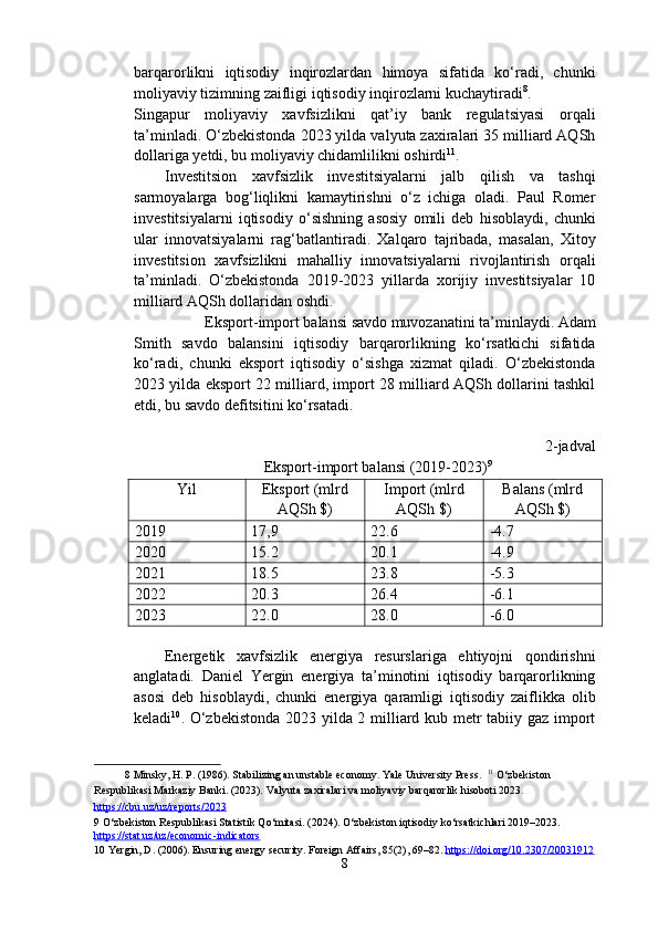 barqarorlikni   iqtisodiy   inqirozlardan   himoya   sifatida   ko‘radi,   chunki
moliyaviy tizimning zaifligi iqtisodiy inqirozlarni kuchaytiradi 8
. 
Singapur   moliyaviy   xavfsizlikni   qat’iy   bank   regulatsiyasi   orqali
ta’minladi. O‘zbekistonda 2023 yilda valyuta zaxiralari 35 milliard AQSh
dollariga yetdi, bu moliyaviy chidamlilikni oshirdi 11
. 
Investitsion   xavfsizlik   investitsiyalarni   jalb   qilish   va   tashqi
sarmoyalarga   bog‘liqlikni   kamaytirishni   o‘z   ichiga   oladi.   Paul   Romer
investitsiyalarni   iqtisodiy   o‘sishning   asosiy   omili   deb   hisoblaydi,   chunki
ular   innovatsiyalarni   rag‘batlantiradi.   Xalqaro   tajribada,   masalan,   Xitoy
investitsion   xavfsizlikni   mahalliy   innovatsiyalarni   rivojlantirish   orqali
ta’minladi.   O‘zbekistonda   2019-2023   yillarda   xorijiy   investitsiyalar   10
milliard AQSh dollaridan oshdi. 
Eksport-import balansi savdo muvozanatini ta’minlaydi. Adam 
Smith   savdo   balansini   iqtisodiy   barqarorlikning   ko‘rsatkichi   sifatida
ko‘radi,   chunki   eksport   iqtisodiy   o‘sishga   xizmat   qiladi.   O‘zbekistonda
2023 yilda eksport 22 milliard, import 28 milliard AQSh dollarini tashkil
etdi, bu savdo defitsitini ko‘rsatadi. 
 
2-jadval
Eksport-import balansi (2019-2023) 9
 
Yil  Eksport (mlrd
AQSh $)  Import (mlrd
AQSh $)  Balans (mlrd
AQSh $) 
2019  17,9  22.6  -4.7 
2020  15.2  20.1  -4.9 
2021  18.5  23.8  -5.3 
2022  20.3  26.4  -6.1 
2023  22.0  28.0  -6.0 
 
Energetik   xavfsizlik   energiya   resurslariga   ehtiyojni   qondirishni
anglatadi.   Daniel   Yergin   energiya   ta’minotini   iqtisodiy   barqarorlikning
asosi   deb   hisoblaydi,   chunki   energiya   qaramligi   iqtisodiy   zaiflikka   olib
keladi 10
. O‘zbekistonda 2023 yilda 2 milliard kub metr tabiiy gaz import
8  Minsky, H. P. (1986). Stabilizing an unstable economy. Yale University Press.   11
 O‘zbekiston 
Respublikasi Markaziy Banki. (2023). Valyuta zaxiralari va moliyaviy barqarorlik hisoboti 2023. 
https://cbu.uz/uz/reports/2023    
9  O‘zbekiston Respublikasi Statistik Qo‘mitasi. (2024). O‘zbekiston iqtisodiy ko‘rsatkichlari 2019–2023. 
https://stat.uz/uz/economic    -   indicators       
10  Yergin, D. (2006). Ensuring energy security. Foreign Affairs, 85(2), 69–82.  https://doi.org/10.2307/20031912    
8  
  