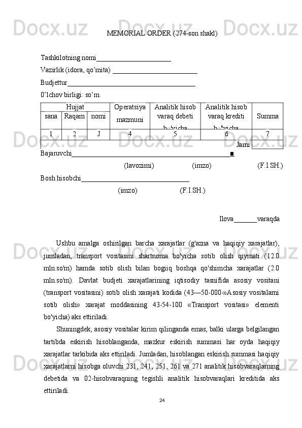 MEMORIAL ORDER (274-son shakl)
Ilova _______ varaqda
Ushbu   amalga   oshirilgan   barcha   xarajatlar   (g'azna   va   haqiqiy   xarajatlar),
jumladan,   transport   vositasini   shartnoma   bo'yicha   sotib   olish   qiymati   (12.0
mln.so'm)   hamda   sotib   olish   bilan   bogiiq   boshqa   qo'shimcha   xarajatlar   (2.0
mln.so'm).   Davlat   budjeti   xarajatlarining   iqtisodiy   tasnifida   asosiy   vositani
(transport   vositasini)   sotib   olish   xarajati   kodida   (43—50-000-»Asosiy   vositalarni
sotib   olish»   xarajat   moddasining   43-54-100   «Transport   vositasi»   elementi
bo'yicha) aks ettiriladi.
Shuningdek, asosiy vositalar kirim qilinganda emas, balki ularga belgilangan
tartibda   eskirish   hisoblanganda,   mazkur   eskirish   summasi   har   oyda   haqiqiy
xarajatlar tarkibida aks ettiriladi. Jumladan, hisoblangan eskirish summasi haqiqiy
xarajatlarni hisobga oluvchi 231, 241, 251, 261 va 271 analitik hisobvaraqlarning
debetida   va   02-hisobvaraqning   tegishli   analitik   hisobvaraqlari   kreditida   aks
ettiriladi.
24Tashkilotning nomi ______________________
Vazirlik (idora, qo’mita)  ________________________
Budjettur ____________________________________
0’lchov birligi: so’m.
Hujjat Operatsiya
mazmuni Analitik hisob Analitik hisob
sana Raqam nomi varaq debeti
bo'yicha varaq krediti
bo 4
yicha Summa
1 2 J 4 5 6 7
Jami
Bajaruvchi ___________________ __________________________ ■
(lavozimi) (imzo) (F.I.SH.)
Bosh hisobchi _____________ __ ________________ __
(imzo) (F.I.SH.)