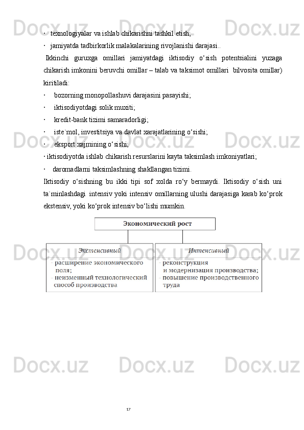 17·       texnologiyalar   va ishlab chikarishni tashkil etish;
·       jamiyatda tadbirkorlik malakalarining rivojlanishi darajasi..
  Ikkinchi   guruxga   omillari   jamiyatdagi   iktisodiy   o‘sish   potentsialini   yuzaga
chikarish imkonini beruvchi omillar – talab va taksimot omillari     bilvosita omillar)
kiritiladi:
·           bozorning monopollashuvi darajasini pasayishi;
·           iktisodiyotdagi solik muxiti;
·           kredit-bank tizimi samaradorligi;
·           iste`mol, investitsiya va davlat xarajatlarining o‘sishi;
·           eksport xajmining o‘sishi;
·   iktisodiyotda ishlab chikarish resurslarini kayta taksimlash imkoniyatlari;
·         daromadlarni taksimlashning shakllangan tizimi.
Iktisodiy   o‘sishning   bu   ikki   tipi   sof   xolda   ro‘y   bermaydi.   Iktisodiy   o‘sish   uni
ta`minlashdagi     intensiv yoki intensiv omillarning ulushi darajasiga karab ko‘prok
ekstensiv, yoki ko‘prok intensiv bo‘lishi mumkin. 
