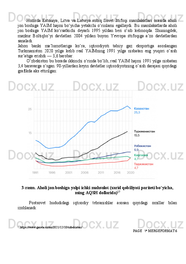 Hozirda   Estoniya,   Litva   va   Latviya   sobiq   Sovet   Ittifoqi   mamlakatlari   orasida   aholi
jon boshiga YAIM hajmi  bo‘yicha yetakchi  o‘rinlarni  egallaydi. Bu mamlakatlarda aholi
jon   boshiga   YAIM   ko‘rsatkichi   deyarli   1995   yildan   beri   o‘sib   kelmoqda.   Shuningdek,
mazkur   Boltiqbo‘yi   davlatlari   2004   yildan   buyon   Yevropa   ittifoqiga   a’zo   davlatlardan
sanaladi.
Jahon   banki   ma’lumotlariga   ko‘ra,   iqtisodiyoti   tabiiy   gaz   eksportiga   asoslangan
Turkmaniston   2020   yilga   kelib   real   YAIMning   1991   yilga   nisbatan   eng   yuqori   o‘sish
sur’atiga erishdi — 3,6 barobar.
O‘zbekiston bu borada ikkinchi o‘rinda bo‘lib, real YAIM hajmi 1991 yilga nisbatan
3,4 baravarga o‘sgan. 90-yillardan keyin davlatlar iqtisodiyotining o’sish darajasi quyidagi
grafikda aks ettirilgan:
3-rasm. Aholi jon boshiga yalpi ichki mahsulot (xarid qobiliyati pariteti bo‘yicha,
ming AQSH dollarida) 17
Postsovet   hududidagi   iqtisodiy   tebranishlar   asosan   quyidagi   omillar   bilan
izohlanadi:
17
 https://www.gazeta.uz/oz/2021/12/10/uzbekistan/
 PAGE   \* MERGEFORMAT 6 