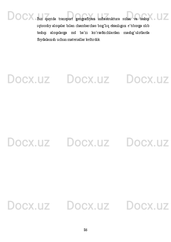 Biz   quyida   transport   geografiyasi   infrastruktura   sohai   va   tashqi
iqtisodiy aloqalar bilan chambarchas bog’liq ekanligini e’tiborga olib
tashqi   aloqalarga   oid   ba’zi   ko’rsatkichlardan   mashg’ulotlarda
foydalanish uchun materiallar keltirdik. 
86
Prezident    I.Karimov     «...eksport    imkoniyatini kengaytirish, jahon 
bozoriga kirib borish uchun avvalo, qimmatbaho xom ashyoni qayta ishlash 
negizida tayyor mahsulot ishlab chiqaruvchi qо‘shma korxonalarni 
rivojlantirish zarur.  Xorijiy sheriklar bilan birgalikda zamonaviy ixcham 
korxonalar barpo etib, ularni mehnat resurslarining manbalari bо‘lmish 
qishloqqa yaqinlashtirish lozim »
« Davra suxbati» munozarasini о‘tkazish bо‘yicha yо‘riqnoma
Sо‘zga chiqqanlarni diqqat bilan bо‘lmasdan tinglang.
Ma’ruzachining fikriga qо‘shilmang, о‘z fikringizni bildirishga ruxsat sо‘ra.
Ma’ruzachining  fikriga  qо‘shilsang,  kо‘rib  chiqilayotgan  masala  bо‘yicha 
qо‘shimcha fikr bildir.     