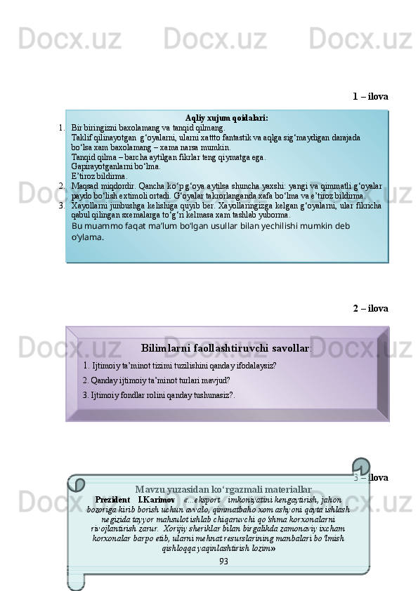 1 – ilovа 
2  – ilovа
                
3  – ilovа 
Mаvzu yuzаsidаn ko‘rgаzmаli mаteriаllаr  Aqliy xujum qoidalari:
1. Bir biringizni baxolamang va tanqid qilmang.
Taklif qilinayotgan  g‘oyalarni, ularni xattto fantastik va aqlga sig‘maydigan darajada 
b о ‘lsa xam baxolamang – xama narsa mumkin.
Tanqid qilma – barcha aytilgan fikrlar teng qiymatga ega.
Gapirayotganlarni b о ‘lma. 
E’tiroz bildirma.
2. Maqsad miqdordir. Qancha k о ‘p g‘oya aytilsa shuncha yaxshi: yangi va qimmatli g‘oyalar
paydo b о ‘lish extimoli ortadi.  G‘oyalar takrorlanganda xafa bо‘lma va e’tiroz bildirma.
3. Xayollarni junbushga kelishiga quyib ber. Xayollaringizga kelgan g‘oyalarni, ular fikricha
qabul qilingan sxemalarga t о ‘g‘ri kelmasa xam tashlab yuborma.
Bu muammo faqat ma’lum b о ‘lgan usullar bilan yechilishi mumkin deb 
о ‘ylama. 
Bilimlarni faollashtiruvchi savollar :
1.  Ijtimoiy ta’minot tizimi tuzilishini qanday ifodalaysiz?
2. Qanday ijtimoiy ta’minot turlari mavjud?
3. Ijtimoiy fondlar rolini qanday tushunasiz?.
Prezident    I.Karimov     «...eksport    imkoniyatini kengaytirish, jahon 
bozoriga kirib borish uchun avvalo, qimmatbaho xom ashyoni qayta ishlash 
negizida tayyor mahsulot ishlab chiqaruvchi qо‘shma korxonalarni 
rivojlantirish zarur.  Xorijiy sheriklar bilan birgalikda zamonaviy ixcham 
korxonalar barpo etib, ularni mehnat resurslarining manbalari bо‘lmish 
qishloqqa yaqinlashtirish lozim »
« Davra suxbati» munozarasini о‘tkazish bо‘yicha yо‘riqnoma
Sо‘zga chiqqanlarni diqqat bilan bо‘lmasdan tinglang.
Ma’ruzachining fikriga qо‘shilmang, о‘z fikringizni bildirishga ruxsat sо‘ra.
Ma’ruzachining  fikriga  qо‘shilsang,  kо‘rib  chiqilayotgan  masala  bо‘yicha 
qо‘shimcha fikr bildir. 93      