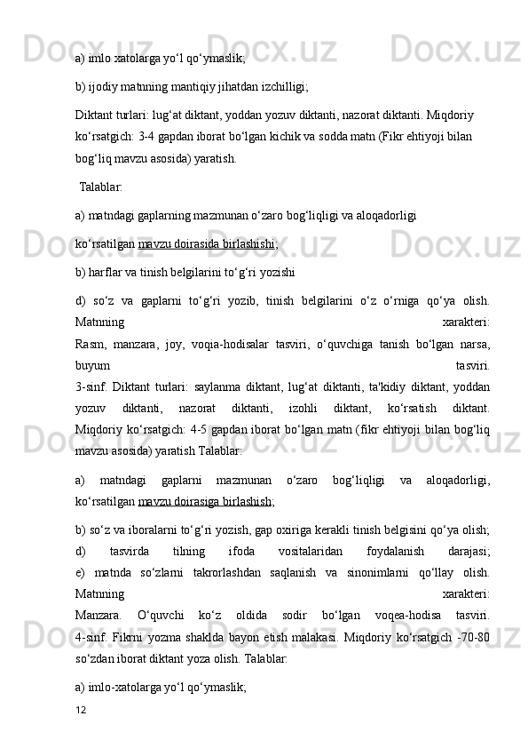 a) imlo xatolarga yo‘l qo‘ymaslik;
b) ijodiy matnning mantiqiy jihatdan izchilligi;
Diktant turlari: lug‘at diktant, yoddan yozuv diktanti, nazorat diktanti. Miqdoriy 
ko‘rsatgich: 3-4 gapdan iborat bo‘lgan kichik va sodda matn (Fikr ehtiyoji bilan 
bog‘liq mavzu asosida) yaratish.
 Talablar:
a) matndagi gaplarning mazmunan o‘zaro bog‘liqligi va aloqadorligi
ko‘rsatilgan   mavzu doirasida birlashishi ;
b) harflar va tinish belgilarini to‘g‘ri yozishi
d)   so‘z   va   gaplarni   to‘g‘ri   yozib,   tinish   belgilarini   o‘z   o‘rniga   qo‘ya   olish.
Matnning   xarakteri:
Rasm,   manzara,   joy,   voqia-hodisalar   tasviri,   o‘quvchiga   tanish   bo‘lgan   narsa,
buyum   tasviri.
3-sinf.   Diktant   turlari:   saylanma   diktant,   lug‘at   diktanti,   ta'kidiy   diktant,   yoddan
yozuv   diktanti,   nazorat   diktanti,   izohli   diktant,   ko‘rsatish   diktant.
Miqdoriy ko‘rsatgich:  4-5 gapdan iborat  bo‘lgan  matn (fikr  ehtiyoji  bilan bog‘liq
mavzu asosida) yaratish Talablar:
a)   matndagi   gaplarni   mazmunan   o‘zaro   bog‘liqligi   va   aloqadorligi,
ko‘rsatilgan   mavzu doirasiga birlashish ;
b) so‘z va iboralarni to‘g‘ri yozish, gap oxiriga kerakli tinish belgisini qo‘ya olish;
d)   tasvirda   tilning   ifoda   vositalaridan   foydalanish   darajasi;
e)   matnda   so‘zlarni   takrorlashdan   saqlanish   va   sinonimlarni   qo‘llay   olish.
Matnning   xarakteri:
Manzara.   O‘quvchi   ko‘z   oldida   sodir   bo‘lgan   voqea-hodisa   tasviri.
4-sinf.   Fikrni   yozma   shaklda   bayon   etish   malakasi.   Miqdoriy   ko‘rsatgich   -70-80
so‘zdan iborat diktant yoza olish. Talablar:
a) imlo-xatolarga yo‘l qo‘ymaslik;
12 