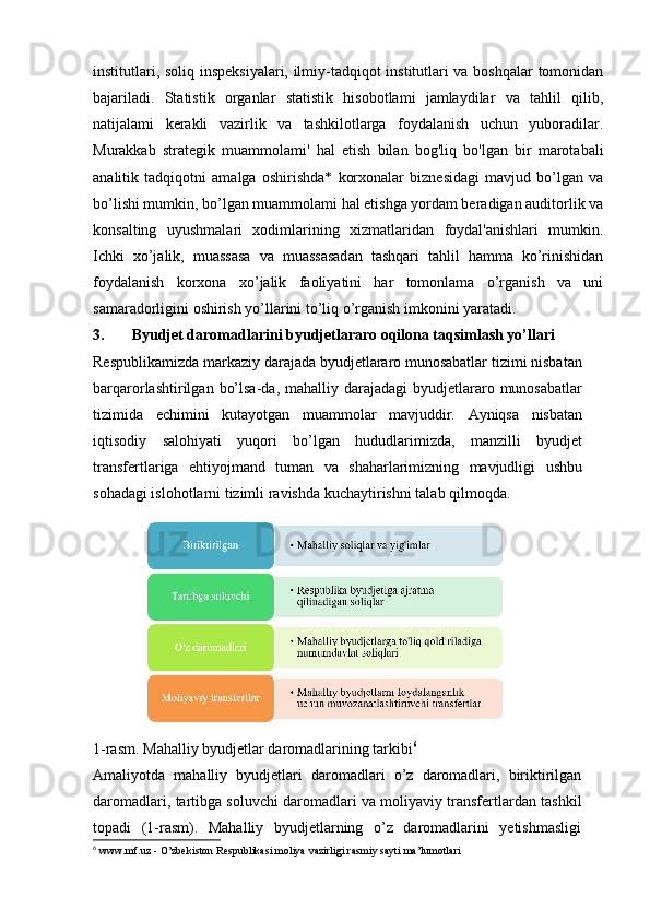 institutlari, soliq inspeksiyalari, ilmiy-tadqiqot institutlari va boshqalar tomonidan
bajariladi.   Statistik   organlar   statistik   hisobotlami   jamlaydilar   va   tahlil   qilib,
natijalami   kerakli   vazirlik   va   tashkilotlarga   foydalanish   uchun   yuboradilar.
Murakkab   strategik   muammolami'   hal   etish   bilan   bog'liq   bo'lgan   bir   marotabali
analitik   tadqiqotni   amalga   oshirishda*   korxonalar   biznesidagi   mavjud   bo’lgan   va
bo’lishi mumkin, bo’lgan muammolami hal etishga yordam beradigan auditorlik va
konsalting   uyushmalari   xodimlarining   xizmatlaridan   foydal'anishlari   mumkin.
Ichki   xo’jalik,   muassasa   va   muassasadan   tashqari   tahlil   hamma   ko’rinishidan
foydalanish   korxona   xo’jalik   faoliyatini   har   tomonlama   o’rganish   va   uni
samaradorligini oshirish yo’llarini to’liq o’rganish imkonini yaratadi. 
3. Byudjet daromadlarini byudjetlararo oqilona taqsimlash yo’llari
Respublikamizda markaziy darajada byudjetlararo munosabatlar tizimi nisbatan
barqarorlashtirilgan   bo’lsa-da,   mahalliy   darajadagi   byudjetlararo   munosabatlar
tizimida   echimini   kutayotgan   muammolar   mavjuddir.   Ayniqsa   nisbatan
iqtisodiy   salohiyati   yuqori   bo’lgan   hududlarimizda,   manzilli   byudjet
transfertlariga   ehtiyojmand   tuman   va   shaharlarimizning   mavjudligi   ushbu
sohadagi islohotlarni tizimli ravishda   kuchaytirishni talab   qilmoqda.
1-rasm.   Mahalliy   byudjetlar   daromadlarining tarkibi 6
Amaliyotda   mahalliy   byudjetlari   daromadlari   o’z   daromadlari,   biriktirilgan
daromadlari,   tartibga soluvchi   daromadlari   va moliyaviy transfertlardan   tashkil
topadi   (1-rasm).   Mahalliy   byudjetlarning   o’z   daromadlarini   yetishmasligi
6
  www.mf.uz   -   O’zbekiston   Respublikasi   moliya   vazirligi   rasmiy   sayti   ma’lumotlari 