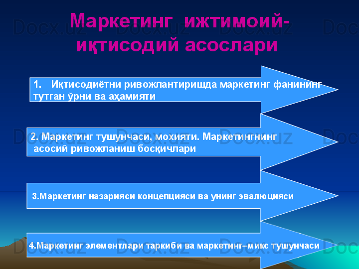 Маркетинг  ижтимоий-
иқтисодий асослари 
1. Иқтисодиётни ривожлантиришда маркетинг фанининг 
тутган ўрни ва аҳамияти
2.  Маркетинг тушунчаси, мохияти.  Маркетингнинг
  асосий ривожланиш бос қ ичлари
3.Маркетинг назарияси концепцияси ва унинг эвалюцияси
          4.Маркетинг элементлари таркиби ва маркетинг–микс тушунчаси 