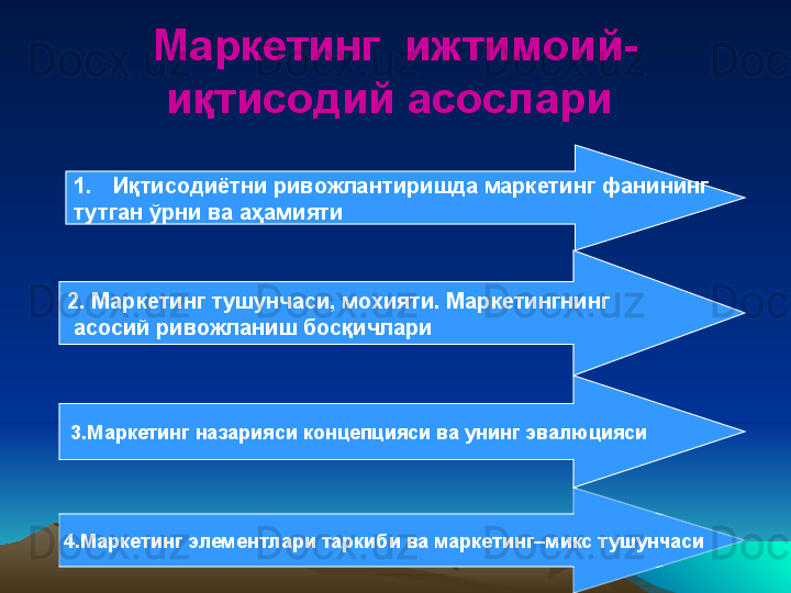 Маркетинг  ижтимоий-
иқтисодий асослари 
1. Иқтисодиётни ривожлантиришда маркетинг фанининг 
тутган ўрни ва аҳамияти
2.  Маркетинг тушунчаси, мохияти.  Маркетингнинг
  асосий ривожланиш бос қ ичлари
3.Маркетинг назарияси концепцияси ва унинг эвалюцияси
          4.Маркетинг элементлари таркиби ва маркетинг–микс тушунчаси