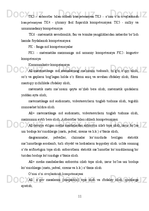 TK2	 - axborotlar	 bilan	 ishlash	 kompetensiyasi	 TK3	 - o‘zini	 o‘zi	 rivojlantirish	
kompetensiyasi	 TK4   -   ijtimoiy   faol   fuqarolik   kompetensiyasi   TK5   -   milliy   va
umummadaniy   kompetensiya
TK6   -   matematik   savodxonlik,   fan   va   texnika   yangiliklaridan   xabardor   bo‘lish
hamda   foydalanish   kompetensiyasi
FK   -   fanga   oid   kompetensiyalar
FK1   -   matematika   mazmuniga   oid   umumiy   kompetensiya   FK2-   kognetiv
kompetensiya
Kommunikativ   kompetensiya:
A1 - matematikaga   oid   atamalarning   ma’nosini   tushunib,   to‘g‘ri   o‘qiy   olish;
so‘z   va   gaplarni   bog‘lagan   holda   o‘z   fikrini   aniq   va   ravshan   ifodalay   olish;   fikrni
mantiqiy   izchillikda   ifodalay   olish;
matematik   matn   ma’nosini   qayta   so‘zlab   bera   olish;   matematik   qoidalarni
yoddan   ayta   olish;
matematikaga   oid   audiomatn,   videotasvirlarni   tinglab   tushuna   olish,   tegishli
munosabat   bildira   olish.
A1+   matematikaga   oid   audiomatn,   videotasvirlarni   tinglab   tushuna   olish,
mazmunini   aytib   bera   olish.   Axborotlar   bilan   ishlash   kompetensiyasi:
A1 -tavsiya   etilgan   media   manbalardan   axborotni   izlab   topa   olish,   zarur   bo‘lsa
uni   boshqa   ko‘rinishlarga   (matn,   jadval,   sxema   va   h.k.)   o‘tkaza   olish;
diagrammalar,   jadvallar,   chizmalar   ko‘rinishida   berilgan   statistik
ma’lumotlarga asoslanib, turli   obyekt va hodisalarni taqqoslay olish. uchta sonning
o‘rta arifmetigini topa olish. axborotlarni   statistik   ma’lumotlar   ko‘rinishlarning   bir
turidan   boshqa   ko‘rinishga   o‘tkaza   olish.
A1+   media   manbalardan   axborotni   izlab   topa   olish,   zarur   bo‘lsa   uni   boshqa
ko‘rinishlarga   (matn,   jadval,   sxema   va   h.k.)   o‘tkaza   olish.	
O‘zini	 o‘zi	 rivojlantirish	 kompetensiyasi:
A1     o‘quv   masalasini   (maqsadini)   topa   olish   va   ifodalay   olish,   qismlarga
ajratish;
11 