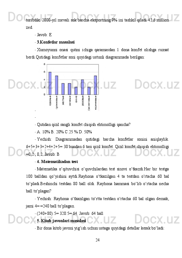 turibdiki 2000-yil mevali  sok  barcha eksportning 9% ini tashkil qiladi 42,6 million
zed .
- Javob: E
- 3.Konfetlar masalasi
- Xumoyunni   onasi   qutini   ichiga   qaramasdan   1   dona   konfet   olishga   ruxsat
berdi.Qutidagi konfetlar soni quyidagi  ustunli   diagrammada  berilgan:
-
-  
- Qutidan qizil  rangli  konfet chiqish ehtimolligi qancha?
- A. 10% B. 20% C.25 % D. 50%
- Yechish:   Diagrammadan   qutidagi   barcha   konfetlar   sonini   aniqlaylik.
6+5+3+3+2+4+2+5= 30 bundan 6  tasi  qizil konfet. Qizil konfet chiqish ehtimolligi
=0,2 ; 0,2. Javob: B
- 4. Matematikadan test
- Matematika   o‘qituvchisi   o‘quvchilardan   test   sinovi   o‘tkazdi.Har   bir   testga
100   balldan   qo‘yishini   aytdi. Rayhona   o‘tkazilgan   4   ta   testdan   o‘rtacha   60   bal
to‘pladi.Beshinchi   testdan   80   ball   oldi.   Rayhona   hammasi   bo‘lib   o‘rtacha   necha
ball to‘plagan?
- Yechish:   Rayhona   o‘tkazilgan   to‘rtta   testdan   o‘rtacha   60   bal   olgan   demak,
jami 4= =240 ball to‘plagan.
- (240+80):5= 320:5= 64. Javob: 64 ball
- 5. Kitob javonlari masalasi
- Bir dona kitob javoni yig‘ish uchun ustaga quyidagi detallar kerak bo‘ladi:
24 