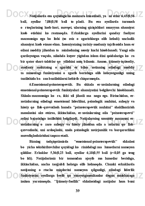 Natijalarda esa   quyidagicha manzara  kuzatiladi, ya ni  erlar  6,43(0,56
ball,   ayollar   7,08(0,58   ball   to pladi.   Bu   esa   ayollarda   turmush	

o rtoqlarining   kasb-kori,   mavqei,   ularning   qiziqishlari   muayyan   ahamiyat	

kasb   etishini   ko rsatmoqda.   Erkaklarga   ayollarini   qanday   faoliyat	

mazmuniga   ega   bo lishi   (so zsiz   o zgarishlarga   olib   keladi)   unchalik
  
ahamiyat kasb etmas ekan. Insoniyatning tarixiy-madaniy tajribasida ham er
oilani   moddiy   jihatdan   ta minlashning   asosiy   kuchi   hisoblanadi.   Yangi   oila	

qurilayotgan   vaqtda,   nikohda   kuyov   yigitdan   islom   dini   qoidalariga   ko ra	

bir   qator   shart-talablar   qo yilishini   aniq   bilamiz.   Ammo,   ijtimoiy-iqtisodiy,	

madaniy   muhitning   o zgarishi   er   bilan   xotinning   oiladagi   moddiy	

ta minotdagi   funksiyasini   o zgarib   borishiga   olib   kelayotganligi   uning	
 
tuzilishida ba zan buzilishlarni keltirib chiqarmoqda. 	

6.Emotsional-psixoterapevtik.   Bu   shkala   er-xotinlarning   oiladagi
emotsional-psixoterapevtik   funksiyalari   ahamiyatini   belgilovchi   hisoblanadi.
Shkala-mazmuniga   ko ra,   ikki   xil   jihatli   ma noga   ega.   Birinchidan,   er-	
 
xotinlarning   oiladagi   emotsional   liderlikni,   psixologik   muhitni,   axloqiy   va
hissiy   qo llab-quvvatlash   hamda   "psixoterapevtik   muhitni"   shakllantirish	

masalasini   aks   ettirsa,   ikkinchidan,   er-xotinlarning   oila   "psixoterapevti"
rolini   bajarishga   intilishini   belgilaydi.   Natijalarning   umumiy   mazmuni   er-
xotinlarning   o zaro   axloqiy   va   hissiy   jihatdan   oila   a zolarini   qo llab-	
  
quvvatlashi,   uni   ardoqlashi,   unda   psixologik   xotirjamlik   va   barqarorlikni
muvofiqlashtirishni taqozo etadi.
Bizning   tadqiqotimizda   "emotsional-psixoterapevtik"   shkalasi
bo yicha tekshiriluvchilar quyidagi ko rinishdagi ma lumotlarni namoyon	
  
qildilar.   Erkaklar   5,36(0,23   ball,   ayollar   6,10(0,55   ball   (r<0,05   ga   teng
bo ldi).   Natijalarimiz   bir   tomondan   ajoyib   ma lumotlar   berishga,
 
ikkinchidan,   ancha   taajjubli   holatga   olib   kelmoqda.   Chunki   erkaklarda
natijaning   o rtacha   miqdorini   namoyon   qilganligi,   oiladagi   liderlik	

funksiyasini   ayollarga   berib   qo ymayotganmikanlar   degan   mulohazaga	

imkon   yaratmoqda.   "Ijtimoiy-faollik"   shkalasidagi   natijalar   ham   buni
39 