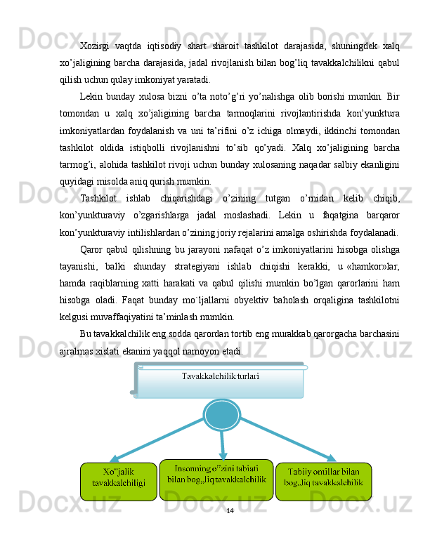 Xozirgi   vaqtda   iqtisodiy   shart   sharoit   tashkilot   darajasida,   shuningdek   xalq
xo’jaligining barcha darajasida, jadal rivojlanish bilan bog’liq tavakkalchilikni qabul
qilish uchun qulay imkoniyat yaratadi.
Lekin   bunday   xulosa   bizni   o’ta   noto’g’ri   yo’nalishga   olib   borishi   mumkin.   Bir
tomondan   u   xalq   xo’jaligining   barcha   tarmoqlarini   rivojlantirishda   kon’yunktura
imkoniyatlardan   foydalanish   va   uni   ta’rifini   o’z   ichiga   olmaydi,   ikkinchi   tomondan
tashkilot   oldida   istiqbolli   rivojlanishni   to’sib   qo’yadi.   Xalq   xo’jaligining   barcha
tarmog’i, alohida tashkilot rivoji uchun bunday xulosaning naqadar salbiy ekanligini
quyidagi misolda aniq qurish mumkin.
Tashkilot   ishlab   chiqarishdagi   o’zining   tutgan   o’rnidan   kelib   chiqib,
kon’yunkturaviy   o’zgarishlarga   jadal   moslashadi.   Lekin   u   faqatgina   barqaror
kon’yunkturaviy intilishlardan o’zining joriy rejalarini amalga oshirishda foydalanadi.
Qaror   qabul   qilishning   bu   jarayoni   nafaqat   o’z   imkoniyatlarini   hisobga   olishga
tayanishi,     balki     shunday     strategiyani     ishlab     chiqishi     kerakki,     u   «hamkor»lar,
hamda   raqiblarning   xatti   harakati   va   qabul   qilishi   mumkin   bo’lgan   qarorlarini   ham
hisobga   oladi.   Faqat   bunday   mo`ljallarni   obyektiv   baholash   orqaligina   tashkilotni
kelgusi muvaffaqiyatini ta’minlash mumkin.
Bu tavakkalchilik eng sodda qarordan tortib eng murakkab qarorgacha barchasini
ajralmas xislati ekanini yaqqol namoyon etadi. 
14