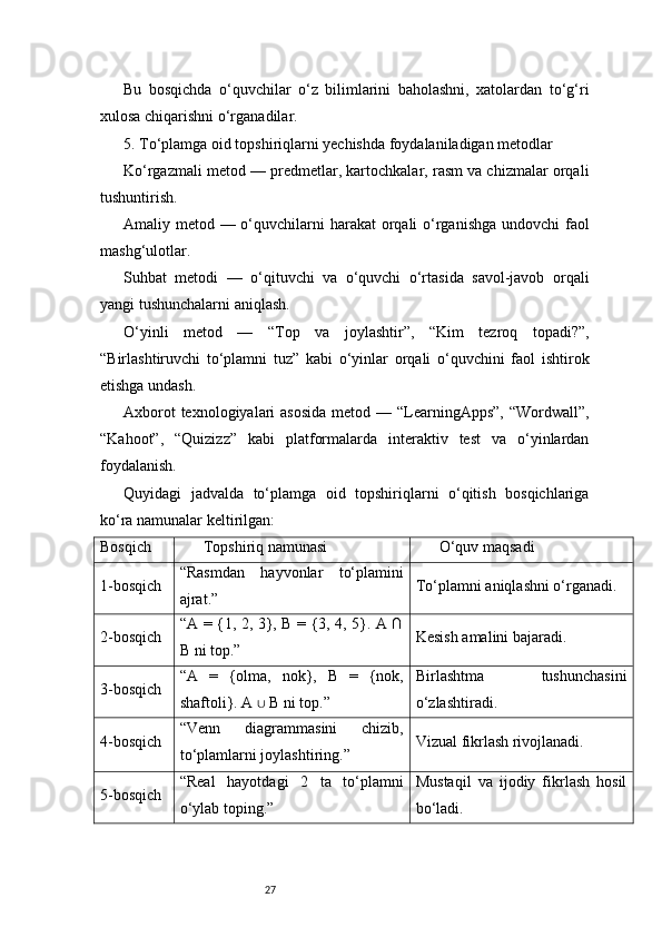 27Bu   bosqichda   o‘quvchilar   o‘z   bilimlarini   baholashni,   xatolardan   to‘g‘ri
xulosa chiqarishni o‘rganadilar.
5. To‘plamga oid topshiriqlarni yechishda foydalaniladigan metodlar
Ko‘rgazmali metod — predmetlar, kartochkalar, rasm va chizmalar orqali
tushuntirish.
Amaliy metod — o‘quvchilarni harakat  orqali  o‘rganishga undovchi  faol
mashg‘ulotlar.
Suhbat   metodi   —   o‘qituvchi   va   o‘quvchi   o‘rtasida   savol-javob   orqali
yangi tushunchalarni aniqlash.
O‘yinli   metod   —   “Top   va   joylashtir”,   “Kim   tezroq   topadi?”,
“Birlashtiruvchi   to‘plamni   tuz”   kabi   o‘yinlar   orqali   o‘quvchini   faol   ishtirok
etishga undash.
Axborot  texnologiyalari  asosida  metod — “LearningApps”,  “Wordwall”,
“Kahoot”,   “Quizizz”   kabi   platformalarda   interaktiv   test   va   o‘yinlardan
foydalanish.
Quyidagi   jadvalda   to‘plamga   oid   topshiriqlarni   o‘qitish   bosqichlariga
ko‘ra namunalar keltirilgan:
Bosqich Topshiriq namunasi O‘quv maqsadi
1-bosqich “Rasmdan   hayvonlar   to‘plamini
ajrat.” To‘plamni aniqlashni o‘rganadi.
2-bosqich “A = {1, 2, 3}, B = {3, 4, 5}. A ∩
B ni top.” Kesish amalini bajaradi.
3-bosqich “A   =   {olma,   nok},   B   =   {nok,
shaftoli}. A   B ni top.”∪ Birlashtma   tushunchasini
o‘zlashtiradi.
4-bosqich “Venn   diagrammasini   chizib,
to‘plamlarni joylashtiring.” Vizual fikrlash rivojlanadi.
5-bosqich “Real   hayotdagi   2   ta   to‘plamni
o‘ylab toping.” Mustaqil   va   ijodiy   fikrlash   hosil
bo‘ladi. 