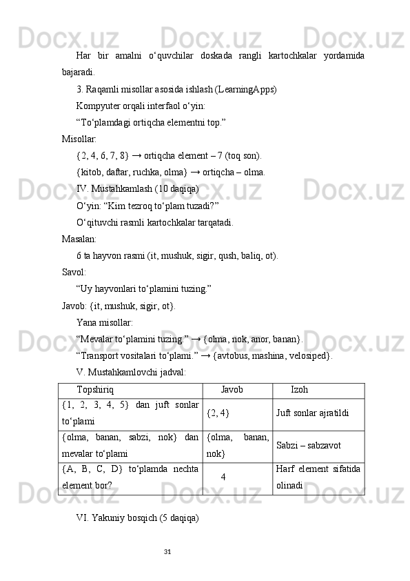 31Har   bir   amalni   o‘quvchilar   doskada   rangli   kartochkalar   yordamida
bajaradi.
3. Raqamli misollar asosida ishlash (LearningApps)
Kompyuter orqali interfaol o‘yin:
“To‘plamdagi ortiqcha elementni top.”
Misollar:
{2, 4, 6, 7, 8} → ortiqcha element – 7 (toq son).
{kitob, daftar, ruchka, olma} → ortiqcha – olma.
IV. Mustahkamlash (10 daqiqa)
O‘yin: “Kim tezroq to‘plam tuzadi?”
O‘qituvchi rasmli kartochkalar tarqatadi.
Masalan:
6 ta hayvon rasmi (it, mushuk, sigir, qush, baliq, ot).
Savol:
“Uy hayvonlari to‘plamini tuzing.”
Javob: {it, mushuk, sigir, ot}.
Yana misollar:
“Mevalar to‘plamini tuzing.” → {olma, nok, anor, banan}.
“Transport vositalari to‘plami.” → {avtobus, mashina, velosiped}.
V. Mustahkamlovchi jadval:
Topshiriq Javob Izoh
{1,   2,   3,   4,   5}   dan   juft   sonlar
to‘plami {2, 4} Juft sonlar ajratildi
{olma,   banan,   sabzi,   nok}   dan
mevalar to‘plami {olma,   banan,
nok} Sabzi – sabzavot
{A,   B,   C,   D}   to‘plamda   nechta
element bor? 4 Harf   element   sifatida
olinadi
VI. Yakuniy bosqich (5 daqiqa) 