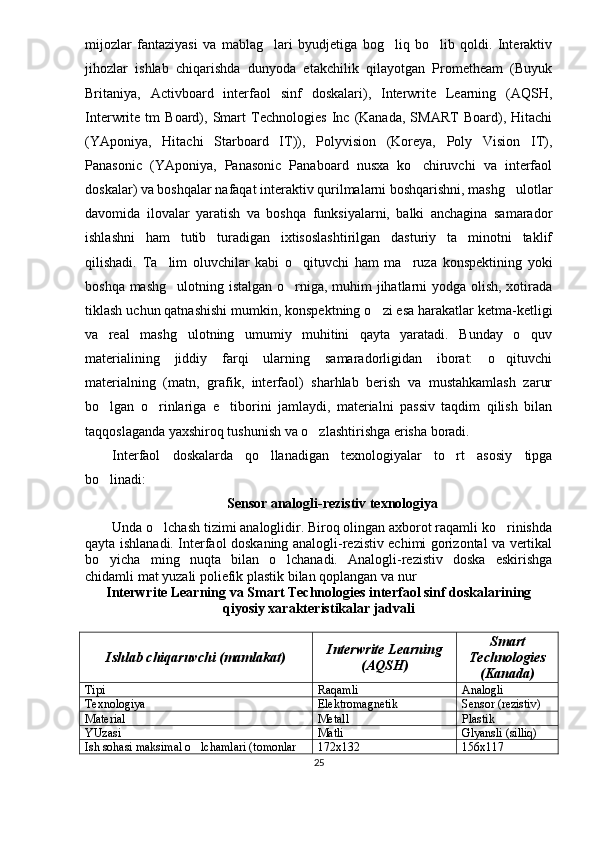 mijozlar   fantaziyasi   va   mablag lari   byudjetiga   bog liq   bo lib   qoldi.   Interaktiv  
jihozlar   ishlab   chiqarishda   dunyoda   etakchilik   qilayotgan   Prometheam   (Buyuk
Britaniya,   Activboard   interfaol   sinf   doskalari),   Interwrite   Learning   (AQSH,
Interwrite   tm   Board),   Smart   Technologies   Inc   (Kanada,   SMART   Board),   Hitachi
(YAponiya,   Hitachi   Starboard   IT)),   Polyvision   (Koreya,   Poly   Vision   IT),
Panasonic   (YAponiya,   Panasonic   Panaboard   nusxa   ko chiruvchi   va   interfaol	

doskalar) va boshqalar nafaqat interaktiv qurilmalarni boshqarishni, mashg ulotlar	

davomida   ilovalar   yaratish   va   boshqa   funksiyalarni,   balki   anchagina   samarador
ishlashni   ham   tutib   turadigan   ixtisoslashtirilgan   dasturiy   ta minotni   taklif	

qilishadi.   Ta lim   oluvchilar   kabi   o qituvchi   ham   ma ruza   konspektining   yoki	
  
boshqa mashg ulotning istalgan o rniga, muhim jihatlarni  yodga olish, xotirada
 
tiklash uchun qatnashishi mumkin, konspektning o zi esa harakatlar ketma-ketligi	

va   real   mashg ulotning   umumiy   muhitini   qayta   yaratadi.   Bunday   o quv	
 
materialining   jiddiy   farqi   ularning   samaradorligidan   iborat:   o qituvchi	

materialning   (matn,   grafik,   interfaol)   sharhlab   berish   va   mustahkamlash   zarur
bo lgan   o rinlariga   e tiborini   jamlaydi,   materialni   passiv   taqdim   qilish   bilan	
  
taqqoslaganda yaxshiroq tushunish va o zlashtirishga erisha boradi.	

Interfaol   doskalarda   qo llanadigan   texnologiyalar   to rt   asosiy   tipga	
 
bo linadi:	

Sensor analogli-rezistiv texnologiya
Unda o lchash tizimi analoglidir. Biroq olingan axborot raqamli ko rinishda	
 
qayta ishlanadi. Interfaol doskaning analogli-rezistiv echimi gorizontal va vertikal
bo yicha   ming   nuqta   bilan   o lchanadi.   Analogli-rezistiv   doska   eskirishga	
 
chidamli mat yuzali poliefik plastik bilan qoplangan va nur
Interwrite Learning va Smart Technologies interfaol sinf doskalarining
qiyosiy xarakteristikalar jadvali
Ishlab chiqaruvchi (mamlakat) Interwrite Learning
( AQSH ) Smart
Technologies
(Kanada)
Tipi Raqamli  Analogli
Texnologiya Elektromagnetik  Sensor (rezistiv)
Material Metall  Plastik 
YUzasi Matli  Glyansli (silliq)
Ish sohasi maksimal o lchamlari (tomonlar 	
 172x132 156x117
25 