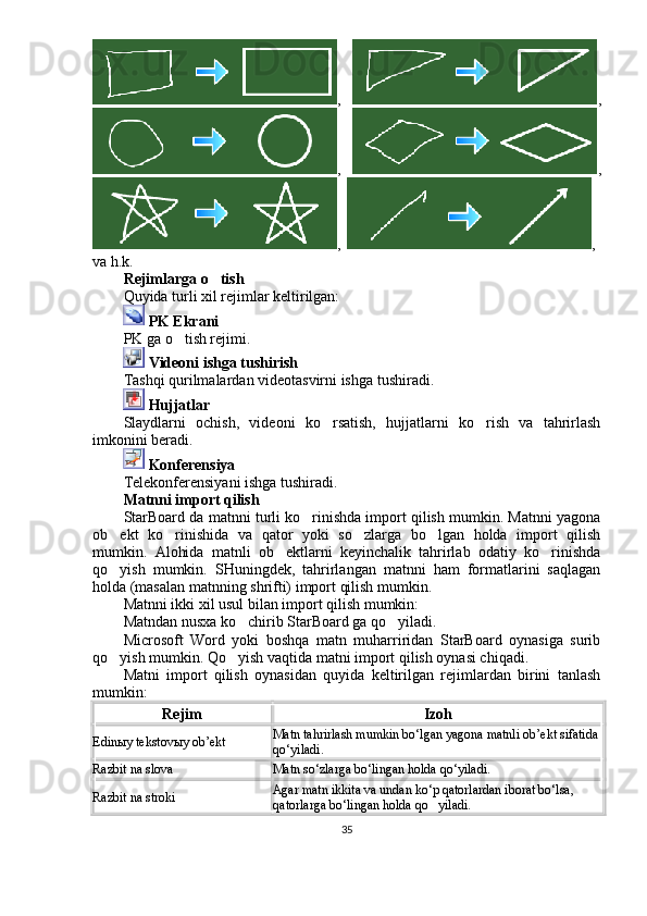 ,   ,
,   ,
,   ,  
va h.k.
Rejimlarga o tish
Quyida turli xil rejimlar keltirilgan: 
  PK Ekrani
PK ga o tish rejimi. 	

  Videoni ishga tushirish
Tashqi qurilmalardan videotasvirni ishga tushiradi. 
  Hujjatlar
Slaydlarni   ochish,   videoni   ko rsatish,   hujjatlarni   ko rish   va   tahrirlash	
 
imkonini beradi. 
  Konferensiya
Telekonferensiyani ishga tushiradi. 
Matnni import qilish
StarBoard da matnni turli ko rinishda import qilish mumkin. Matnni yagona	

ob ekt   ko rinishida   va   qator   yoki   so zlarga   bo lgan   holda   import   qilish	
   
mumkin.   Alohida   matnli   ob ektlarni   keyinchalik   tahrirlab   odatiy   ko rinishda	
 
qo yish   mumkin.   SHuningdek,   tahrirlangan   matnni   ham   formatlarini   saqlagan	

holda (masalan matnning shrifti) import qilish mumkin. 
Matnni ikki xil usul bilan import qilish mumkin:
Matndan nusxa ko chirib StarBoard ga qo yiladi. 	
 
Microsoft   Word   yoki   boshqa   matn   muharriridan   StarBoard   oynasiga   surib
qo yish mumkin. Qo yish vaqtida matni import qilish oynasi chiqadi.	
 
Matni   import   qilish   oynasidan   quyida   keltirilgan   rejimlardan   birini   tanlash
mumkin: 
Rejim Izoh
Edinыy tekstovыy ob’ekt Matn tahrirlash mumkin bo‘lgan yagona matnli ob’ekt sifatida 
qo‘yiladi. 
Razbit na slova Matn so‘zlarga bo‘lingan holda qo‘yiladi.
Razbit na stroki Agar matn ikkita va undan ko‘p qatorlardan iborat bo‘lsa, 
qatorlarga bo‘lingan holda qo yiladi.	

35 