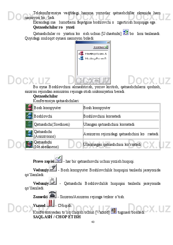Telekonferensiya   vaqtidagi   hamma   yozuvlar   qatnashchilar   ekranida   ham
namoyon bo ladi. 
Ekrandagi ma lumotlarni faqatgina boshlovchi o zgartirish huquqiga ega.	
 
Qatnashchilar ro yxati	

Qatnashchilar ro yxatini ko rish uchun [Uchastniki] 
   bo limi tanlanadi.	
Quyidagi muloqot oynasi namoyon boladi:	

Bu   oyna   Boshlovchini   almashtirish,   yozuv   kiritish,   qatnashchilarni   qoshish,	

sinxron rejimdan assinxron rejimga otish imkoniyatini beradi.	

Qatnashchilar
Konferensiya qatnashchilari: 
Bosh kompyuter Bosh kompyuter
Boshlovchi Boshlovchini korsatadi	

Qatnashchi(Soedinen) Ulangan qatnashchini korsatadi	

Qatnashchi
(Asinxronno) Assinxron rejimidagi qatnashchini ko rsatadi.	

Qatnashchi
(Ne soedineno) Ulanmagan qatnashchini ko‘rsatadi
Pravo zapisi  -  har bir qatnashuvchi uchun yozish huquqi. 
Vedu щ iy   -   Bosh kompyuter Boshlovchilik huquqini tanlashi jarayonida
qo‘llaniladi. 
Vedu щ iy   -   Qatnashchi   Boshlovchilik   huquqini   tanlashi   jarayonida
qo‘llaniladi.
Zametki   -  Sinxron/Asinxron rejimga tezkor o‘tish. 
V ы xod   -  CHiqish.
Konferensiyadan to‘liq chiqish uchun [V ы xod]   tugmasi bosiladi.
SAQLASH / CHOP ETISH
43 
