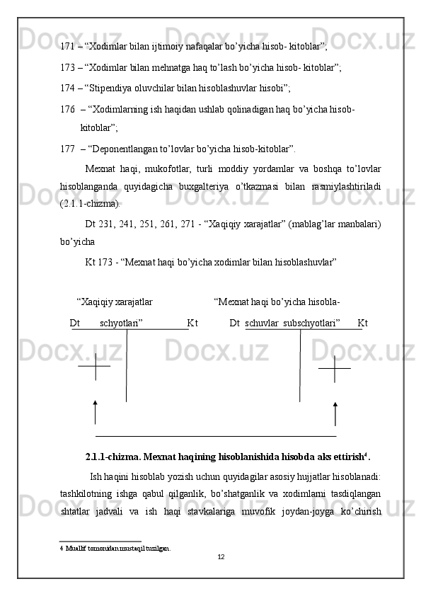 171 – “Xodimlar bilan ijtimoiy nafaqalar bo’yicha hisob- kitoblar”; 
173 – “Xodimlar bilan mehnatga haq to’lash bo’yicha hisob- kitoblar”; 
174 – “Stipendiya oluvchilar bilan hisoblashuvlar hisobi”; 
176 – “Xodimlarning ish haqidan ushlab qolinadigan haq bo’yicha hisob-
kitoblar”; 
177 – “Deponentlangan to’lovlar bo’yicha hisob-kitoblar”. 
Mexnat   haqi,   mukofotlar,   turli   moddiy   yordamlar   va   boshqa   to’lovlar
hisoblanganda   quyidagicha   buxgalteriya   o’tkazmasi   bilan   rasmiylashtiriladi
(2.1.1-chizma). 
Dt 231, 241, 251, 261, 271 - “Xaqiqiy xarajatlar” (mablag’lar manbalari)
bo’yicha  
Kt 173 - “Mexnat haqi bo’yicha xodimlar bilan hisoblashuvlar” 
 
       “Xaqiqiy xarajatlar       “Mexnat haqi bo’yicha hisobla- 
    Dt        schyotlari”                  Kt             Dt  s с huvlar  subschyotlari”       Kt 
2.1.1-chizma. Mexnat haqining hisoblanishida hisobda aks ettirish 4
. 
Ish haqini hisoblab yozish uchun quyidagilar asosiy hujjatlar hisoblanadi: 
tashkilotning   ishga   qabul   qilganlik,   bo’shatganlik   va   xodimlarni   tasdiqlangan
shtatlar   jadvali   va   ish   haqi   stavkalariga   muvofik   joydan-joyga   ko’chirish
4  Muallif tomonidan mustaqil tuzilgan. 
12   
 
 
 
 
  