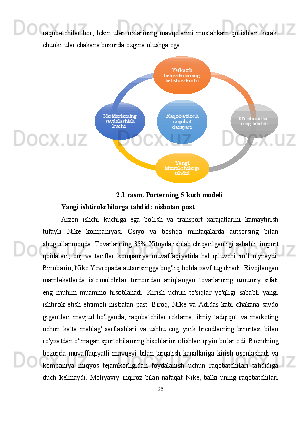 raqobatchilar   bor,   lekin   ular   o'zlarining   mavqelarini   mustahkam   qolishlari   kerak,
chunki ular chakana bozorda ozgina ulushga ega.
2.1 rasm.  Porterning 5 kuch modeli
Yangi ishtirokchilarga tahdid: nisbatan past
Arzon   ishchi   kuchiga   ega   bo'lish   va   transport   xarajatlarini   kamaytirish
tufayli   Nike   kompaniyasi   Osiyo   va   boshqa   mintaqalarda   autsorsing   bilan
shug'ullanmoqda. Tovarlarning 35% Xitoyda ishlab chiqarilganligi sababli, import
qoidalari,   boj   va   tariflar   kompaniya   muvaffaqiyatida   hal   qiluvchi   ro’l   o'ynaydi.
Binobarin, Nike Yevropada autsorsingga bog'liq holda xavf tug'diradi. Rivojlangan
mamlakatlarda   iste'molchilar   tomonidan   aniqlangan   tovarlarning   umumiy   sifati
eng   muhim   muammo   hisoblanadi.   Kirish   uchun   to'siqlar   yo'qligi   sababli   yangi
ishtirok   etish   ehtimoli   nisbatan   past.   Biroq,   Nike   va   Adidas   kabi   chakana   savdo
gigantlari   mavjud   bo'lganda,   raqobatchilar   reklama,   ilmiy   tadqiqot   va   marketing
uchun   katta   mablag'   sarflashlari   va   ushbu   eng   yirik   brendlarning   birortasi   bilan
ro'yxatdan o'tmagan sportchilarning hisoblarini olishlari qiyin bo'lar edi. Brendning
bozorda   muvaffaqiyatli   mavqeyi   bilan   tarqatish   kanallariga   kirish   osonlashadi   va
kompaniya   miqyos   tejamkorligidan   foydalanish   uchun   raqobatchilari   tahdidiga
duch   kelmaydi.   Moliyaviy   inqiroz   bilan   nafaqat   Nike,   balki   uning   raqobatchilari
26Raqobatdosh 	
raqobat 
darajasi
Yetkazib 	
beruvchilarning kelishuv kuchi	
O'rinbosarlar-ning tahdidi	
Ya ngi 	
ishtirokchilarga 	tahdid	
Xaridorlarning 
savdolashish 	
kuchi