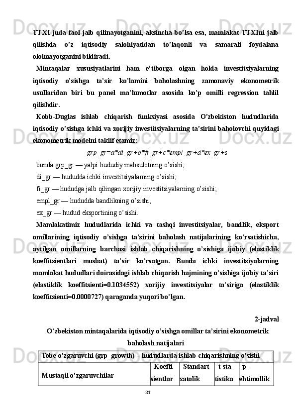 31TTXI   juda   faol   jalb   qilinayotganini,   aksincha   bo’lsa   esa,   mamlakat   TTXIni   jalb
qilishda   o’z   iqtisodiy   salohiyatidan   to’laqonli   va   samarali   foydalana
ololmayotganini bildiradi.
Mintaqalar   xususiyatlarini   ham   e’tiborga   olgan   holda   investitsiyalarning
iqtisodiy   o’sishga   ta’sir   ko’lamini   baholashning   zamonaviy   ekonometrik
usullaridan   biri   bu   panel   ma’lumotlar   asosida   ko’p   omilli   regression   tahlil
qilishdir.
Kobb-Duglas   ishlab   chiqarish   funksiyasi   asosida   O’zbekiston   hududlarida
iqtisodiy o’sishga ichki va xorijiy investitsiyalarning ta’sirini baholovchi quyidagi
ekonometrik modelni taklif etamiz:
grp_gr=a*di_gr+b*fi_gr+c*empl_gr+d*ex_gr+s
bunda grp_gr — yalpi hududiy mahsulotning o’sishi; 
di_gr — hududda ichki investitsiyalarning o’sishi; 
fi_gr — hududga jalb qilingan xorijiy investitsiyalarning o’sishi; 
empl_gr — hududda bandlikning o’sishi;  
ex_gr — hudud eksportining o’sishi.
Mamlakatimiz   hududlarida   ichki   va   tashqi   investitsiyalar,   bandlik,   eksport
omillarining   iqtisodiy   o’sishga   ta’sirini   baholash   natijalarining   ko’rsatishicha,
aytilgan   omillarning   barchasi   ishlab   chiqarishning   o’sishiga   ijobiy   (elastiklik
koeffitsientlari   musbat)   ta’sir   ko’rsatgan.   Bunda   ichki   investitsiyalarning
mamlakat hududlari doirasidagi ishlab chiqarish hajmining o’sishiga ijobiy ta’siri
(elastiklik   koeffitsienti=0.1034552)   xorijiy   investitsiyalar   ta’siriga   (elastiklik
koeffitsienti=0.0000727) qaraganda yuqori bo’lgan .
2-jadval 
O’zbekiston mintaqalarida iqtisodiy o’sishga omillar ta’sirini ekonometrik
baholash natijalari
Tobe   o’zgaruvchi   (grp_growth)   –   hududlarda   ishlab   chiqarishning   o’sishi
Mustaqil o’zgaruvchilar  Koeffi-  
sientlar Standart  
xatolik   t-sta-  
tistika   p-  
ehtimollik   