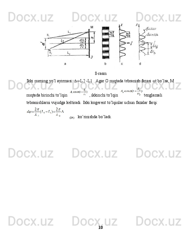 8-rasm
Ikki nurning yo’l ayirmasi:   L2   L1 . Agar O nuqtada tebranish fazasi  ω t bo’lsa, M
nuqtada birinchi to’lqin    , ikkinchi to’lqin   tenglamali 
tebranishlarni vujudga keltiradi. Ikki kogerent to’lqinlar uchun fazalar farqi:
        (14)     ko’rinishda bo’ladi.
10 