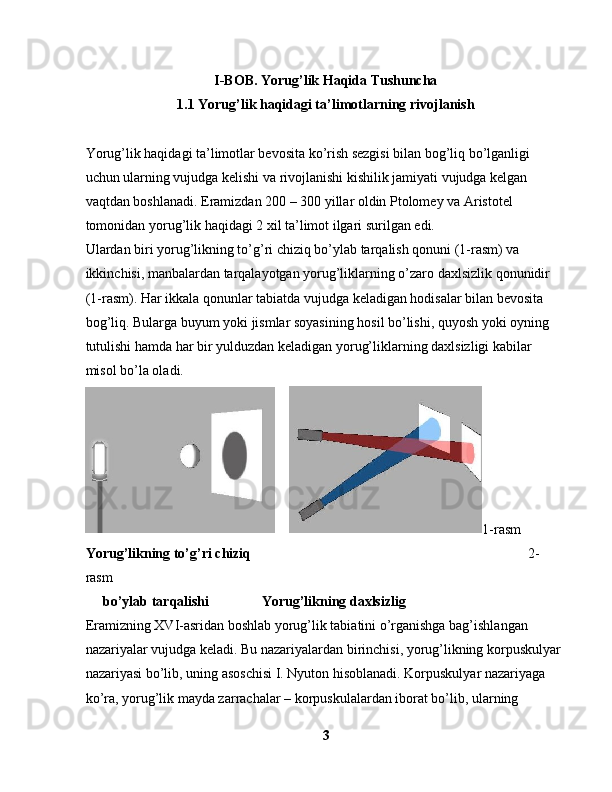 I- BOB.  Yorug’lik Haqida Tushuncha
1.1 Yorug’lik haqidagi ta’limotlarning rivojlanish
Yorug’lik haqidagi ta’limotlar bevosita ko’rish sezgisi bilan bog’liq bo’lganligi 
uchun ularning vujudga kelishi va rivojlanishi kishilik jamiyati vujudga kelgan 
vaqtdan boshlanadi.  Eramizdan 200 – 300 yillar oldin Ptolomey va Aristotel 
tomonidan yorug’lik haqidagi 2 xil ta’limot ilgari surilgan edi.
Ulardan biri yorug’likning to’g’ri chiziq bo’ylab tarqalish qonuni (1-rasm) va 
ikkinchisi, manbalardan tarqalayotgan yorug’liklarning o’zaro daxlsizlik qonunidir 
(1-rasm). Har ikkala qonunlar tabiatda vujudga keladigan hodisalar bilan bevosita 
bog’liq. Bularga buyum yoki jismlar soyasining hosil bo’lishi, quyosh yoki oyning 
tutulishi hamda har bir yulduzdan keladigan yorug’liklarning daxlsizligi kabilar 
misol bo’la oladi.
     1-rasm 
Yorug’likning to’g’ri chiziq    2-
rasm
     bo’ylab tarqalishi               Yorug’likning daxlsizlig                                          
Eramizning XVI-asridan boshlab yorug’lik tabiatini o’rganishga bag’ishlangan 
nazariyalar vujudga keladi. Bu nazariyalardan birinchisi, yorug’likning korpuskulyar 
nazariyasi bo’lib, uning asoschisi I. Nyuton hisoblanadi. Korpuskulyar nazariyaga 
ko’ra, yorug’lik mayda zarrachalar – korpuskulalardan iborat bo’lib, ularning 
3 