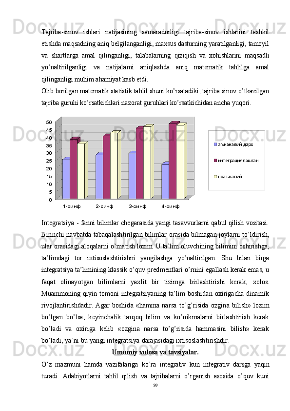 Tajriba-sinov   ishlari   natijasining   samaradorligi   tajriba-sinov   ishlarini   tashkil
etishda maqsadning aniq belgilanganligi, maxsus dasturning yaratilganligi, tamoyil
va   shartlarga   amal   qilinganligi,   talabalarning   qiziqish   va   xohishlarini   maqsadli
yo’naltirilganligi   va   natijalarni   aniqlashda   aniq   matematik   tahlilga   amal
qilinganligi muhim ahamiyat kasb etdi.
Olib borilgan matematik statistik tahlil shuni ko’rsatadiki, tajriba sinov o’tkazilgan
tajriba guruhi ko’rsatkichlari nazorat guruhlari ko’rsatkichidan ancha yuqori.
1-си нф 2-си нф 3-си нф 4-си нф05101520253035404550
аънанавий дарс
интеграциялашган
ноаънавий
Integra ts iya  -  fanni  bilimlar chegarasida yangi tasavvurlarni qabul qilish vositasi.
Birinchi navbatda tabaqalashtirilgan bilimlar   orasida bilmagan joylarni to’ldirish,
ular orasidagi aloqalarni o’rnatish  lozim.  U ta’lim oluvchining bilimini oshirishga,
ta’limdagi   tor   ixtisoslashtirishni   yangilashga   yo’naltirilgan.   Shu   bilan   birga
integratsiya  ta’limining klassik o’quv predmentlari o’rnini egallash kerak emas, u
faqat   olinayotgan   bilimlarni   yaxlit   bir   tizimga   birlashtirishi   kerak,   xolos.
Muammoning  qiyin tomoni  integratsiyaning  ta’lim   boshidan  oxirigacha  dinamik
rivojlantirishdadir.  Agar   boshida   «hamma  narsa   to’g’risida   ozgina   bilish»   lozim
bo’lgan   bo’lsa,   keyinchalik   tarqoq   bilim   va   ko’nikmalarni   birlashtirish   kerak
bo’ladi   va   oxiriga   kelib   «ozgina   narsa   to’g’risida   hammasini   bilish»   kerak
bo’ladi, ya’ni bu yangi integratsiya  darajasidagi  ixtisoslashtirishdir .
Umumiy xulosa  va tavsiyalar.
O’z   mazmuni   hamda   vazifalariga   ko’ra   integrativ   kun   integrativ   darsga   yaqin
turadi.   Adabiyotlarni   tahlil   qilish   va   tajribalarni   o’rganish   asosida   o’quv   kuni
59 