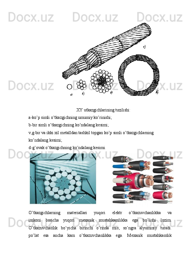 XY utkazgichlarining tuzilishi:
a-ko’p simli o’tkazgichning umumiy ko’rinishi; 
b-bir simli o’tkazgichning ko’ndalang kesimi;
v,g-bir va ikki xil metalldan tashkil topgan ko’p simli o’tkazgichlarning 
ko’ndalang kesimi;
d-g’ovak o’tkazgichning ko’ndalang kesimi.
O’tkazgichlarning   materiallari   yuqori   elektr   o’tkazuvchanlikka   va
imkoni   boricha   yuqori   mexanik   mustahkamlikka   ega   bo’lishi   lozim.
O’tkazuvchanlik   bo’yicha   birinchi   o’rinda   mis,   so’ngra   alyuminiy   turadi.
po’lat   esa   ancha   kam   o’tkazuvchanlikka   ega.   Mexanik   mustahkamlik 